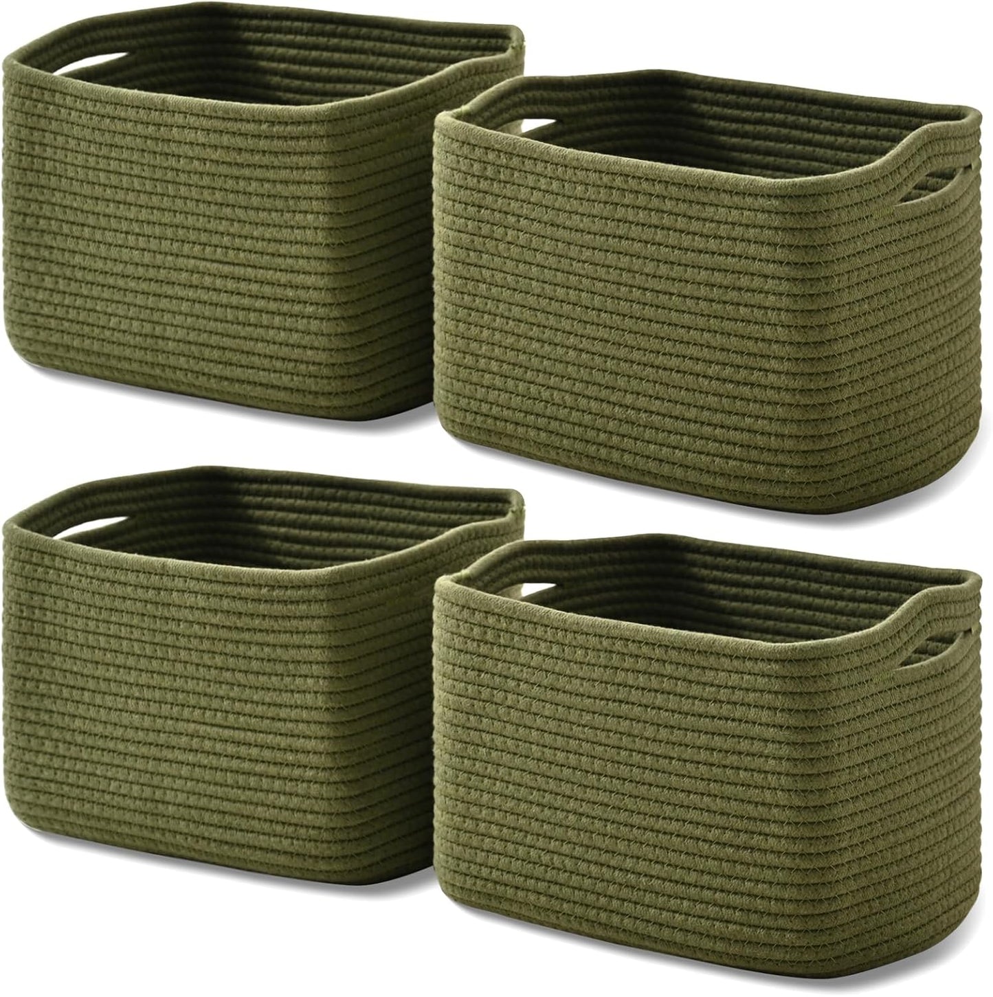 Storage Basket for Shelves, Small Baskets for Organizing, Woven Cotton Rope Baskets for Storage, Book Basket, Decorative Shelf Basket, 12.5"Lx9.1''Wx7.9''H (4 Packs) Green