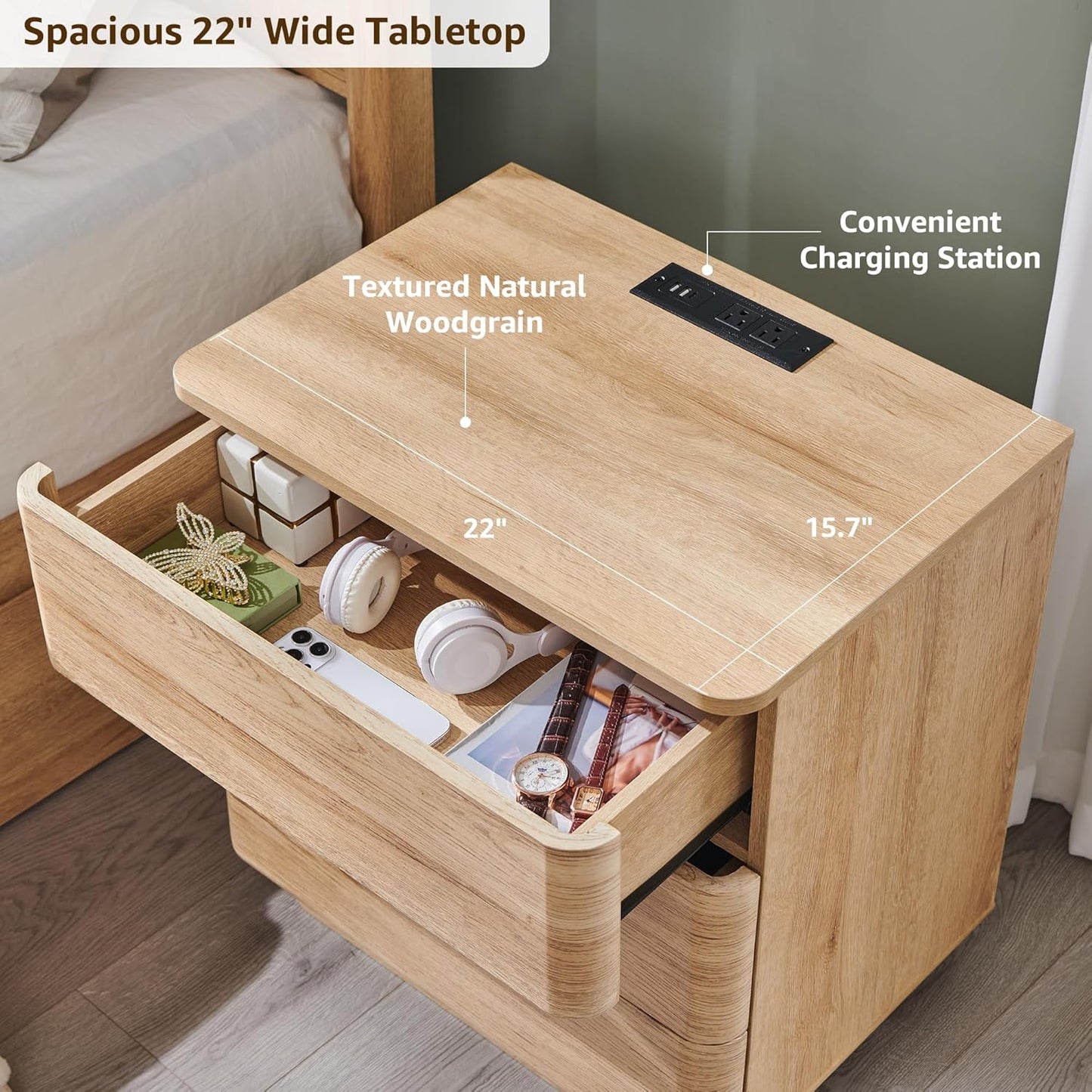 JXQTLINGMU 22" Modern Nightstand with Charging Station, Large Push-to-Open End Table, Wood Bedside Table w/Curved Profile Design, Handleless 3 Drawer Night Stand for Bedroom, Living Room, Natural Oak