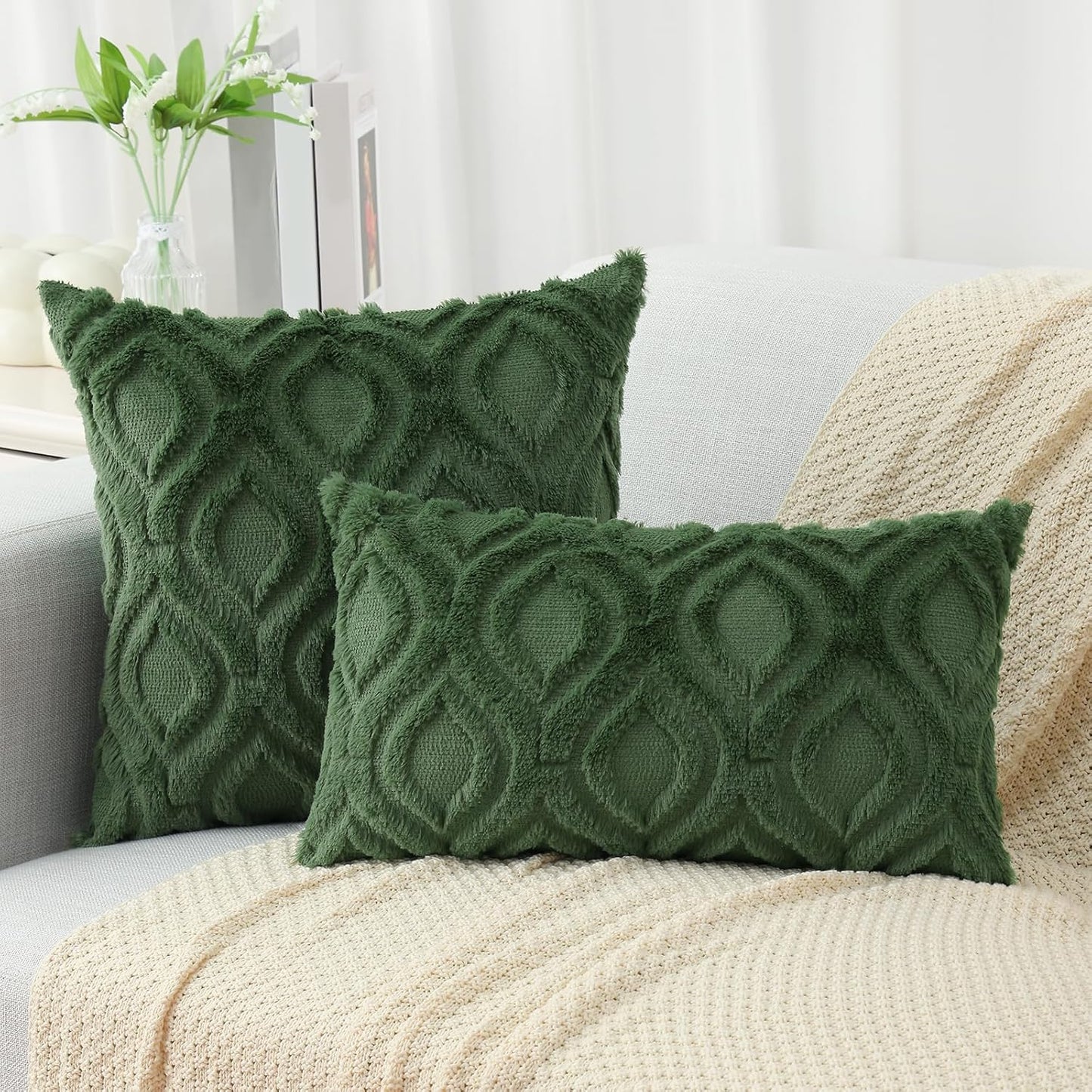 decorUhome Throw Pillow Covers 24x24 Inch Set of 2, Soft Plush Decorative Faux Fur Forest Elf Solid Couch Pillow Covers, Accent Farmhouse Neutral Square Euro Pillow Cases for Sofa Bed Living Room