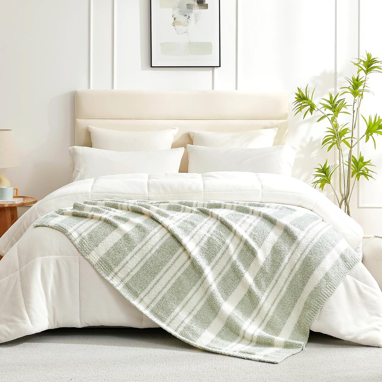 Snuggle Sac Stripe Sage Green Blanket Twin Size, Reversible Super Soft Warm Bed Blankets, Cozy Knit Fuzzy Blanket for Bed,Sofa, Living Room, Stripe Green, 60"x80"