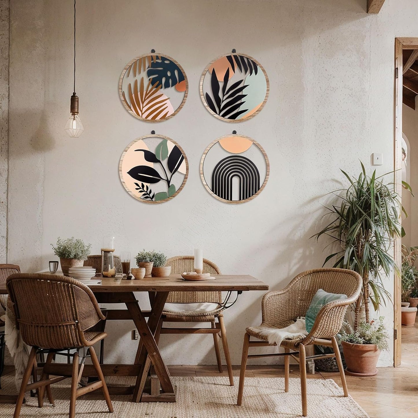 Qunclay 4 Pieces Boho Wall Art Wooden Bohemian Wall Decor Hanging Art Nursery Decor Farmhouse Geometric Hanging 10 Inch Aesthetic Wood Minimalist for Apartment Bedroom(Elegant)