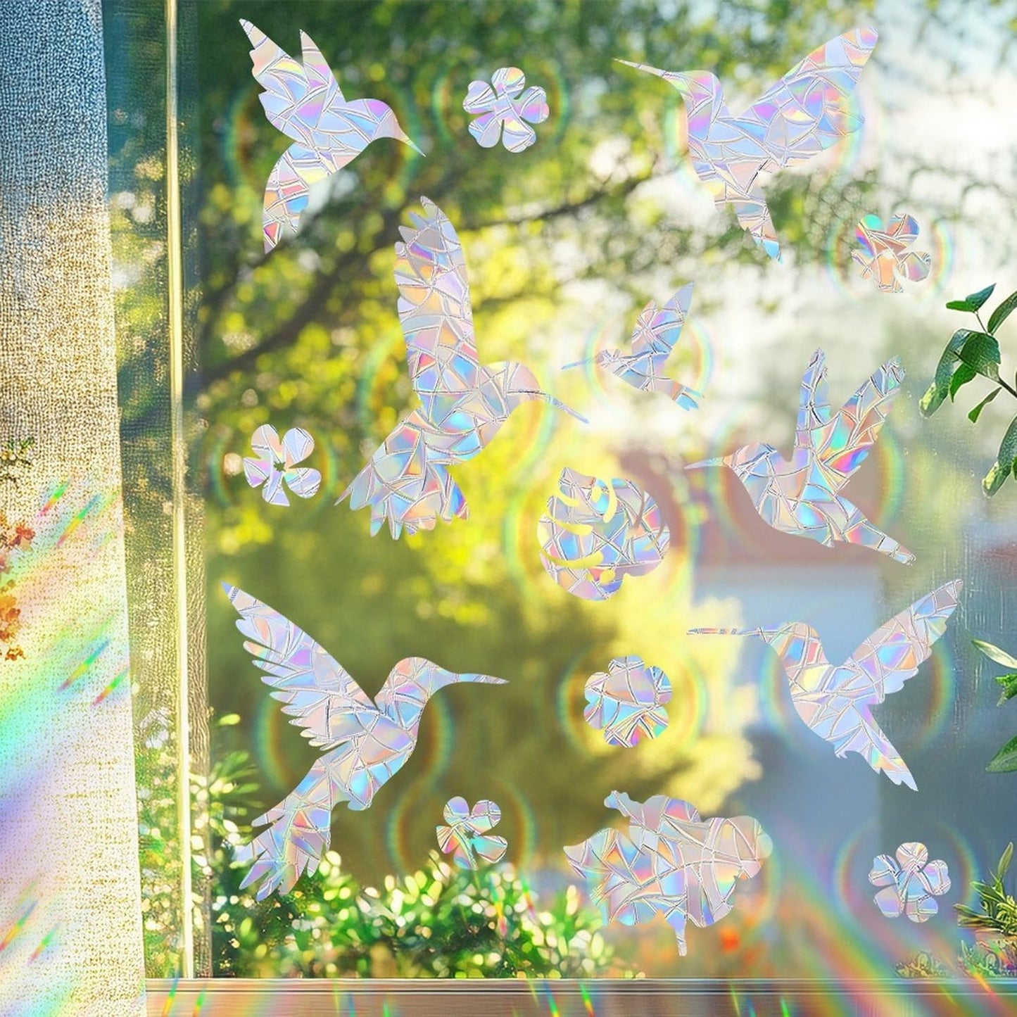 Bird Window Clings Static Cling Window Decals, 1PCS Flower Anti Collision Bird Deterrent Rainbow Stickers, Reusable, Rainbow Non-Adhesive Prismatic Decorative Home Decor