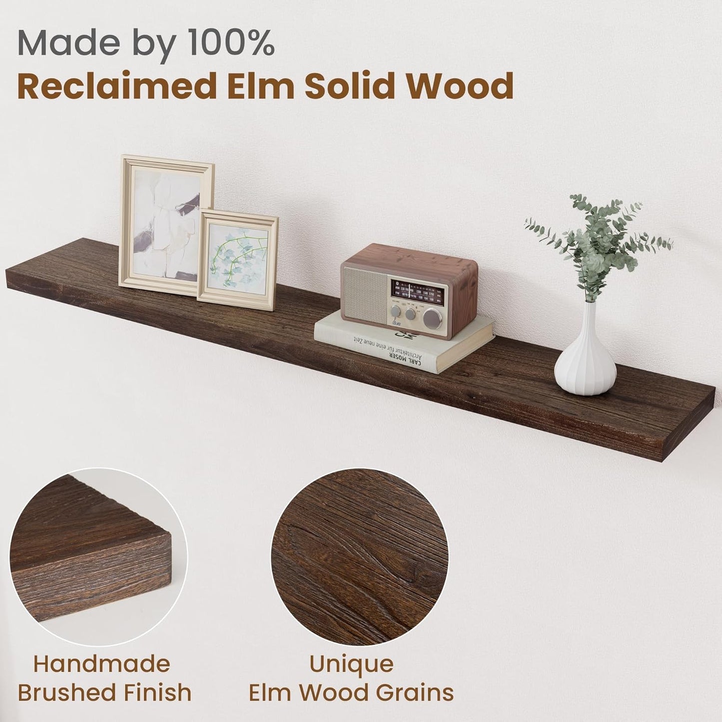 Floating Shelves for Wall Decor, 8 Inch Deep Rustic Solid Elm Wood Floating Shelves Wall Mounted, Wall Shelves with Invisible Bracket for Living Room Bathroom Bedroom Kitchen, 48 Inch Set of 1, Walnut