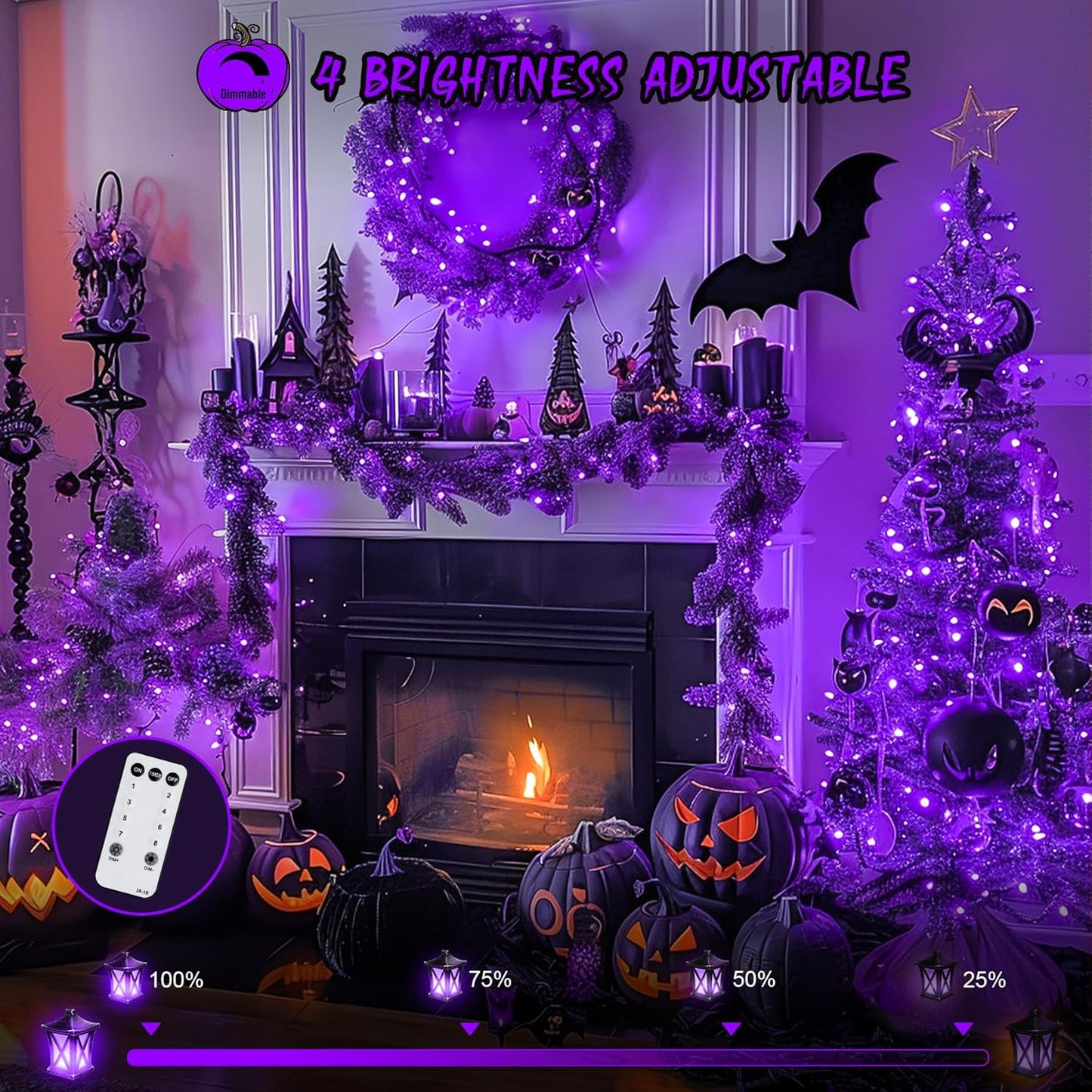 JMEXSUSS 600 LED Purple Halloween Lights Outdoor, 8 Modes Purple String Lights Indoor, 168ft LED Christmas Light Plug in for Bedroom Fireplace Party Halloween Christmas Tree Decorations