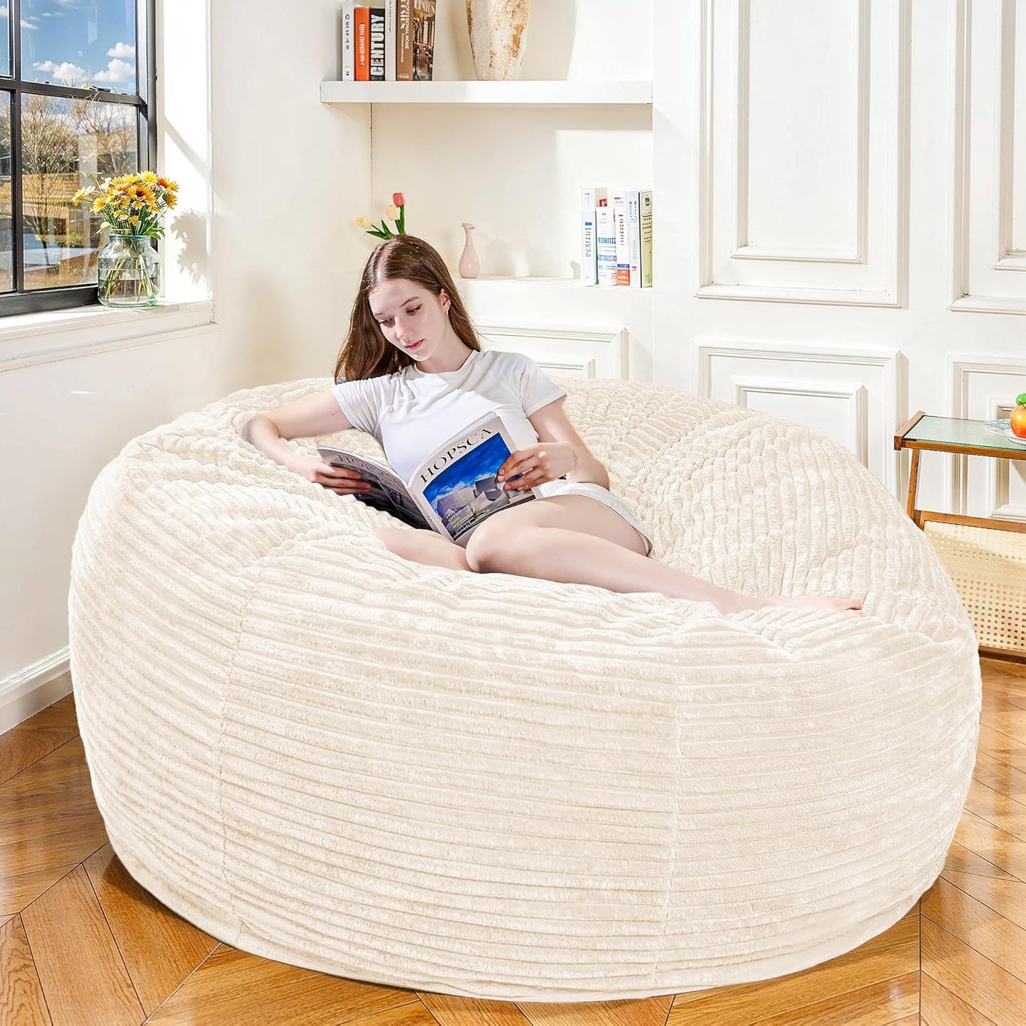 Large Bean Bag Chair, 6FT Giant Beanbag Chairs with Memory Foam Filled, Bean Bag Chairs for Adults, Ultra Soft Lazy Sofa for Living Room Bedroom (White)