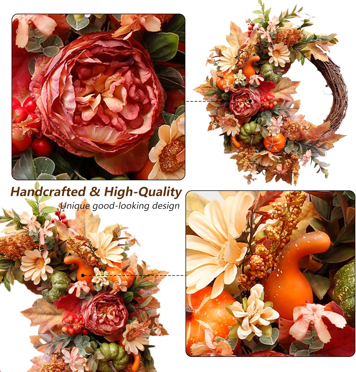 20Inch Fall Wreaths for Front Door,Fall Decorations for Home,Autumn Wreaths with Pumpkin Peony Sunflowers Berry Wreaths,Fall Door Wreath for Thanksgiving Halloween Farmhouse Home Outdoor Indoor Decor