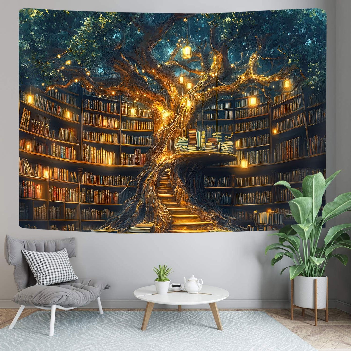 GOAOK Fantasy Library Tapestry For Classroom, Mysterious Tree Magic Bookshelf Aesthetic Tapestries, Witchy Fairytale Tree Vintage Bookshelf Book Art Tapestry Wall Hanging College Room Bedroom, 60"X40"