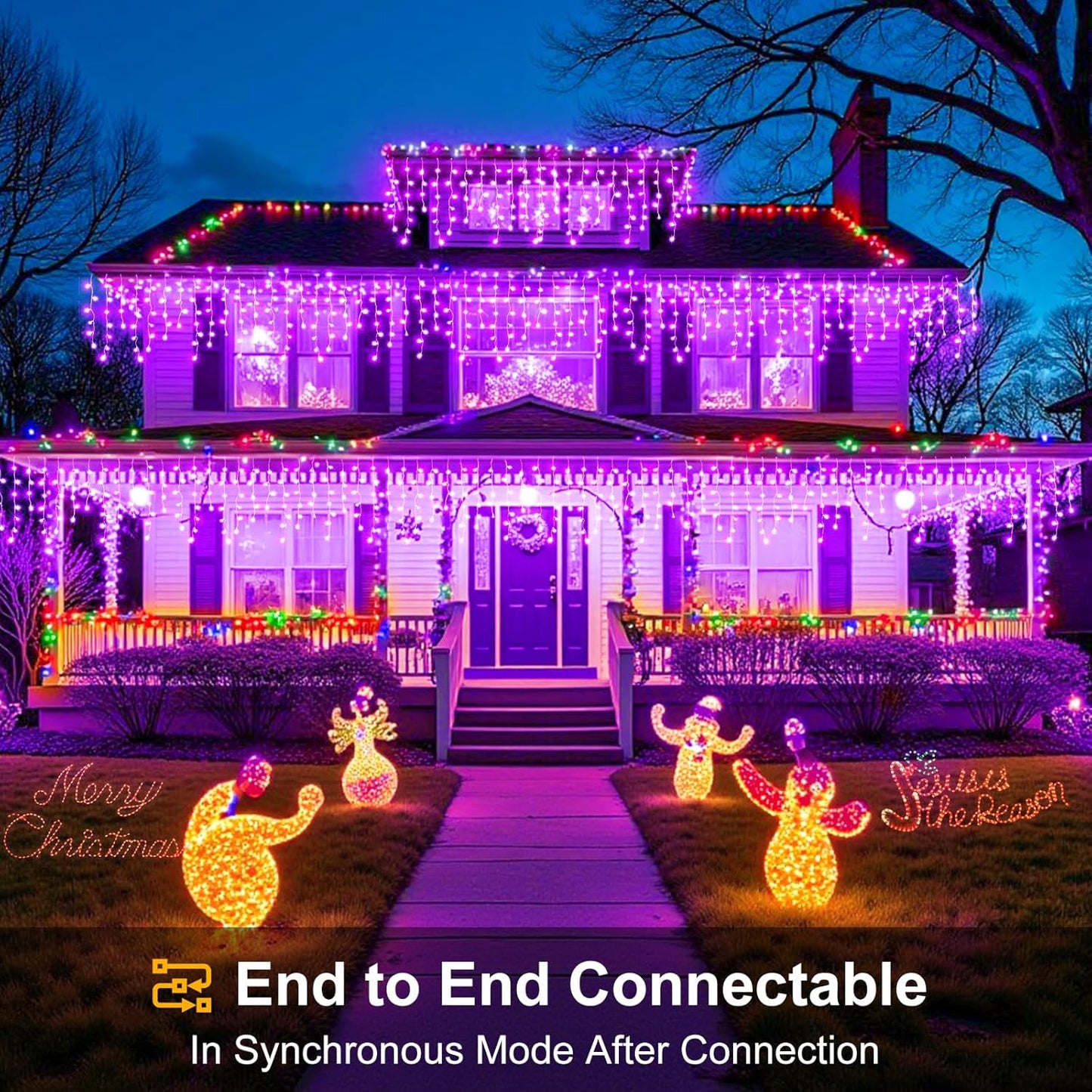 33ft Purple Halloween Lights Outdoor Indoor, 400 LED Icicle Lights for Outside Twinkle Christmas Lights with 75 Drops Clear Wire Timer 8 Modes for House Party Tree Yard Patio Eaves Holiday Decoration