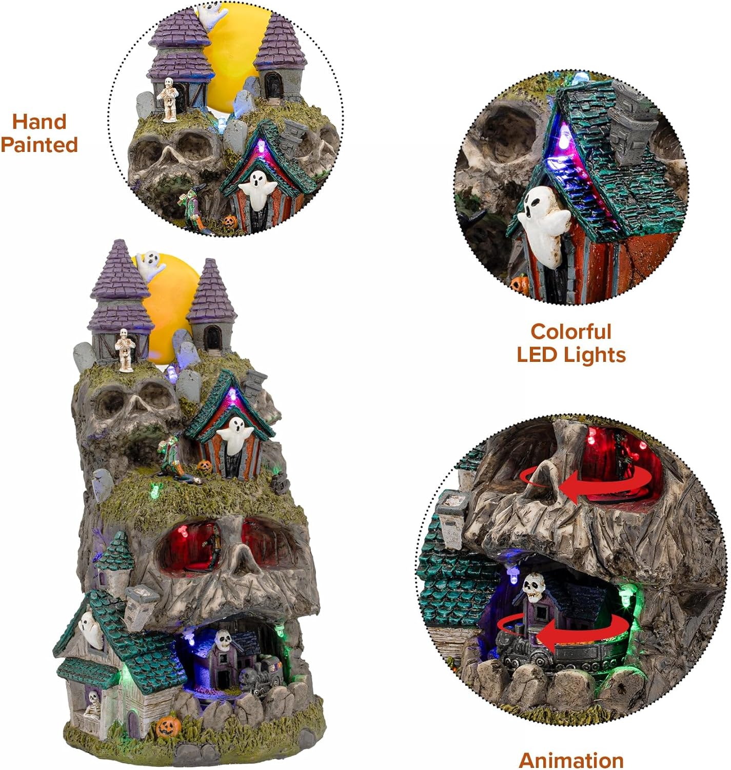 Skullstone Hollow Skull Theme Spooky Halloween Village Multi-Color LED Lights, Animated Motion and Music 7.75" x 7.5" x 13.5"