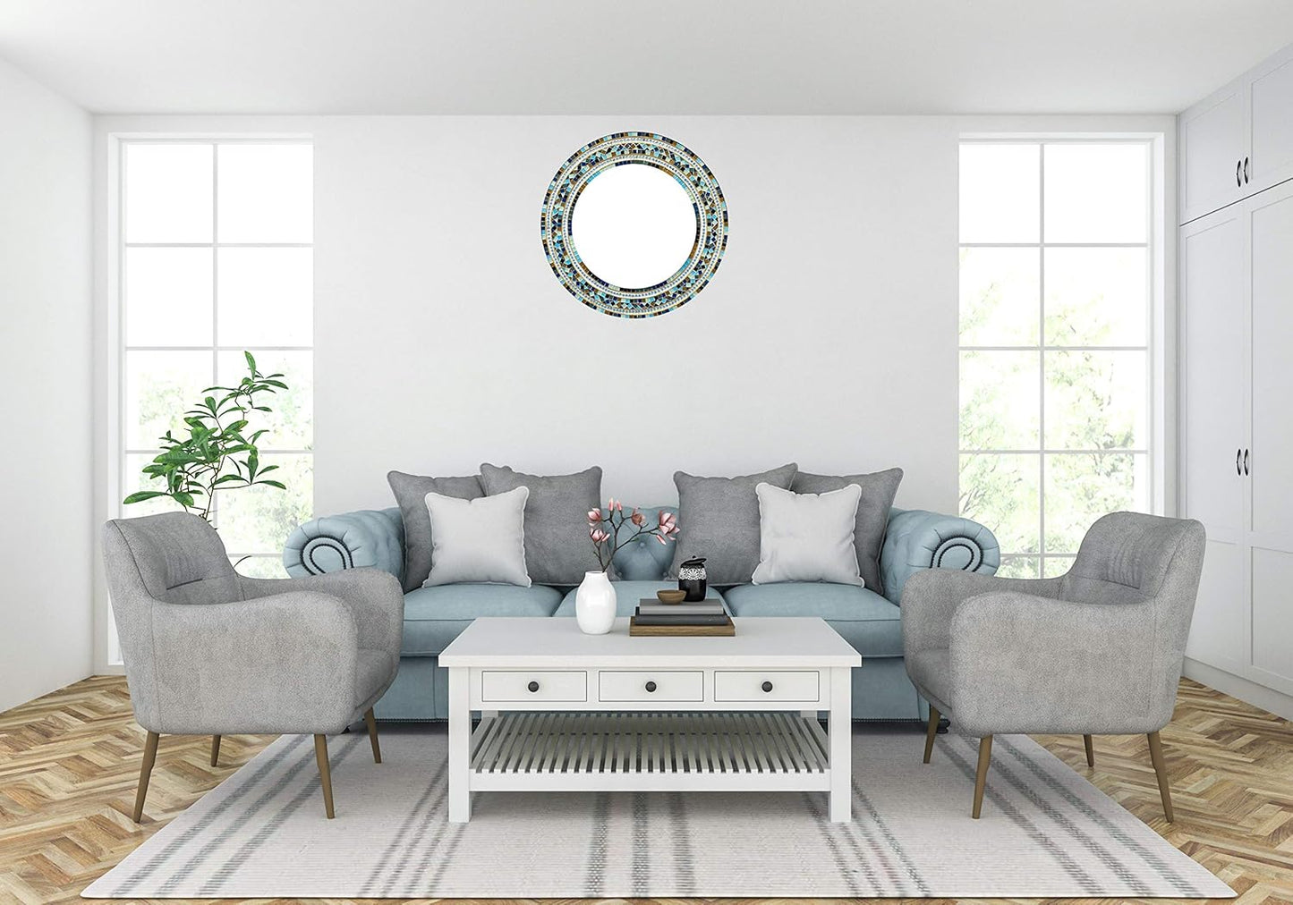 Mosaic Mirror, Wall Art Décor – Handcrafted Decorative Wall Mirror, Light and Navy Blue, Brown, Gray, and Black Round Mosaic