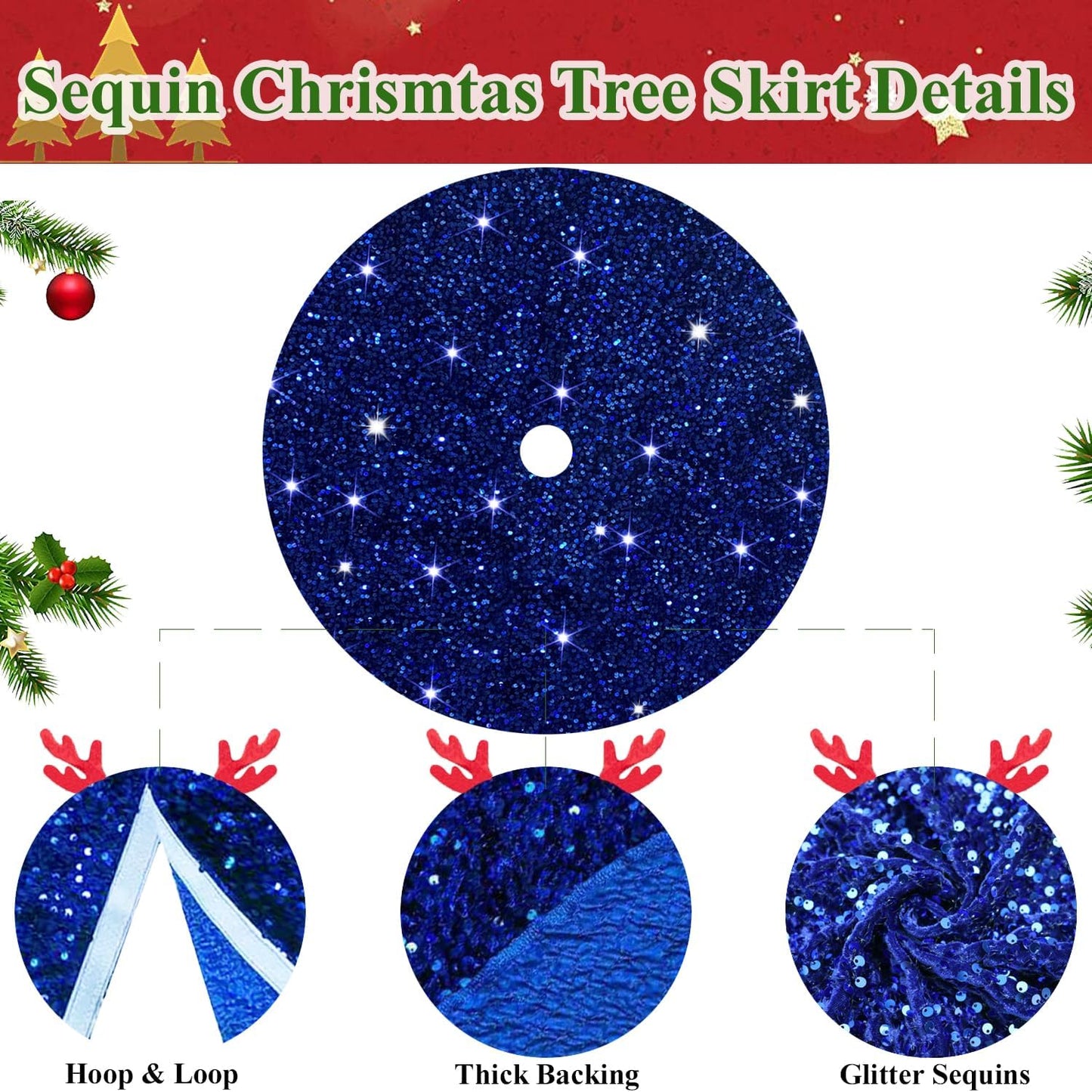MODFUNS Blue Christmas Tree Skirt Decorations 36 Inches Sequin Christmas Tree Skirt Sparkly Tree Mat Embroidery Velvet Tree Skirts Xmas Ornaments Halloween Tree Cover Skirt Round Sequin Tree Base Mat