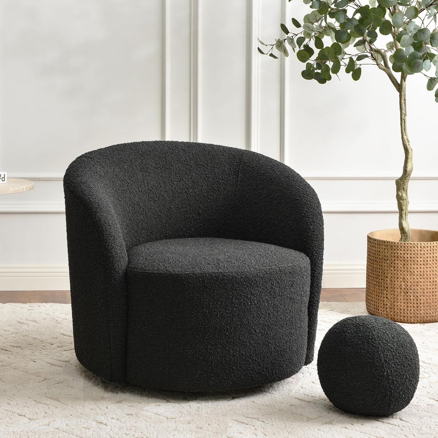 KINWELL Sherpa Swivel Barrel Chair & Round Ball Pillow Set - 34" Wide Modern Boucle Accent Chair with 9” Matching Nordic Decorative Throw Pillow for Living Room and Bedroom(Black)