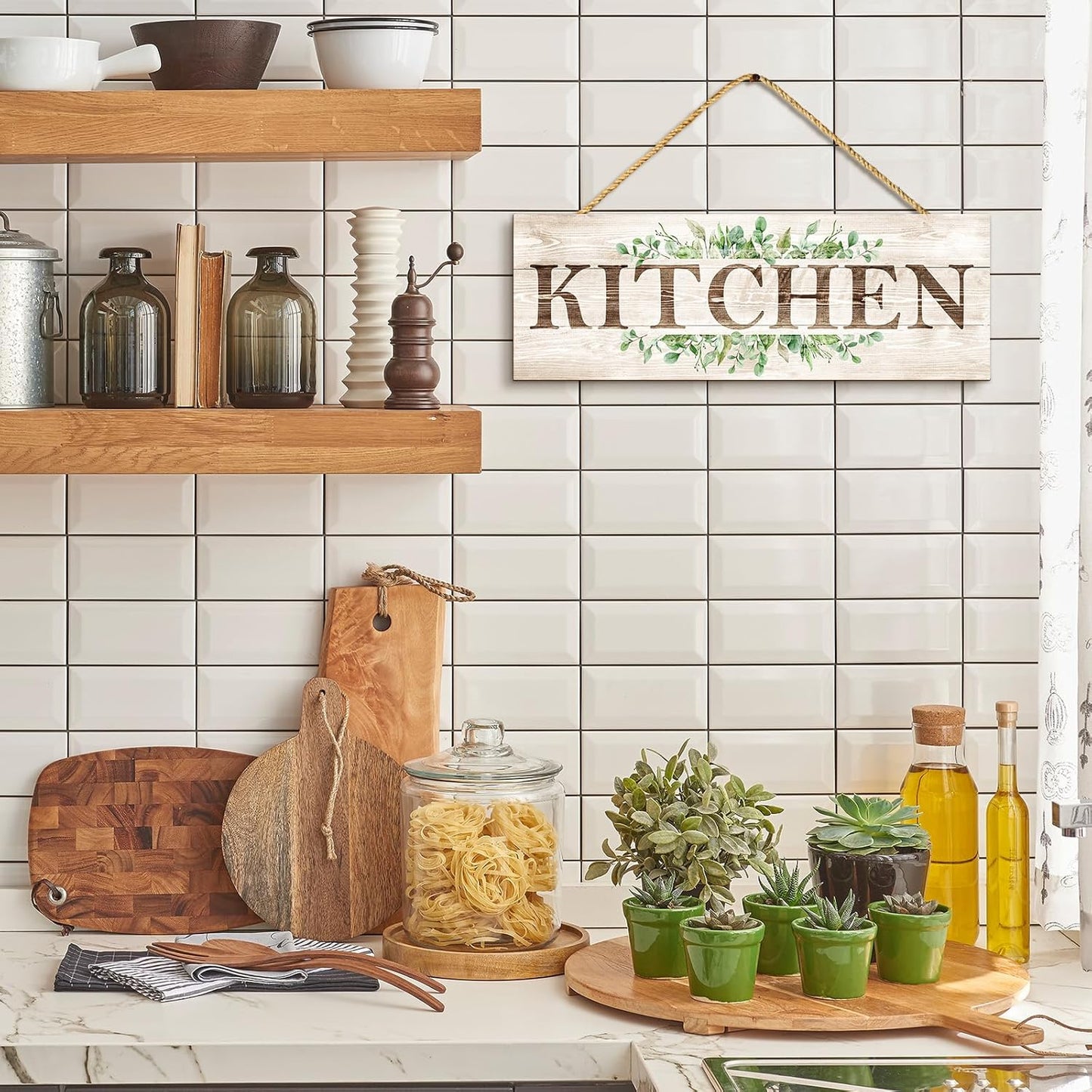 Kitchen Sign Wall Decor, Kitchen Wall Art with Plant Print, Rustic Farmhouse Wall Hanging Plaque Home Kitchen Decorative Kitchen, 4.7 x 13.7 inches