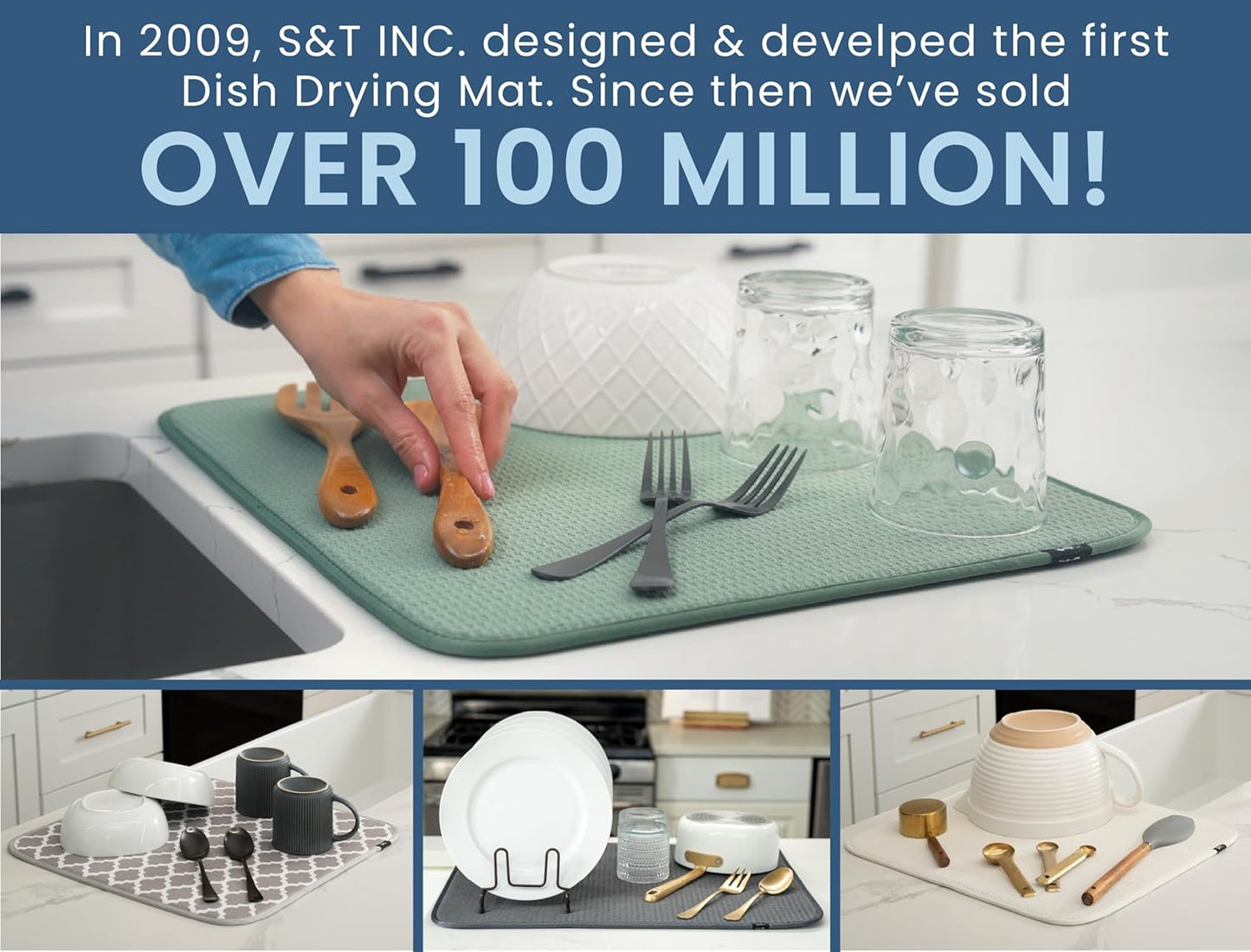 S&T INC. Dish Drying Mat, 16” x 18”, Absorbent Microfiber Kitchen Counter Mat, Dish Drying Pad for Dishes, Utensils, Pots and Pans, Large, Cream