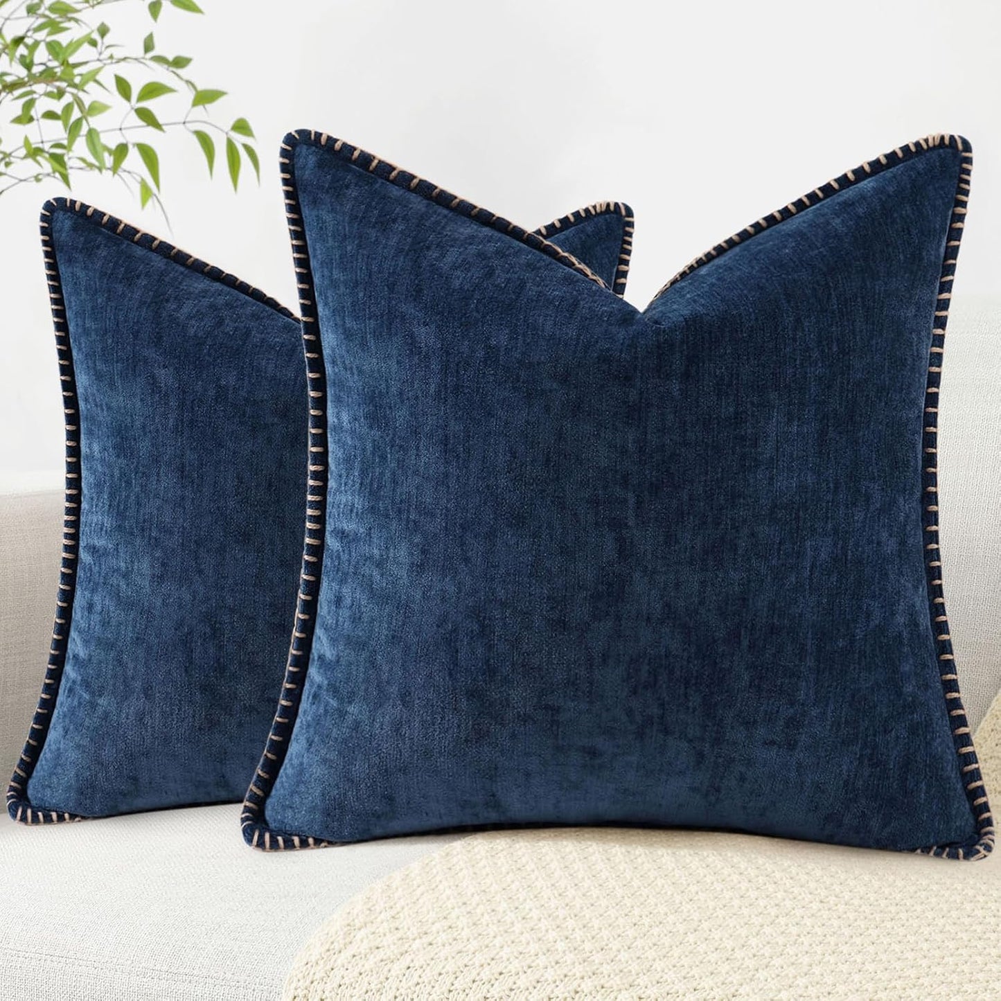 decorUhome Chenille Soft Throw Pillow Covers 18x18 Set of 2, Farmhouse Velvet Neutral Decorative Euro Pillow Covers with Stitched Edge for Couch Sofa Bed Home Decor, Poseidon