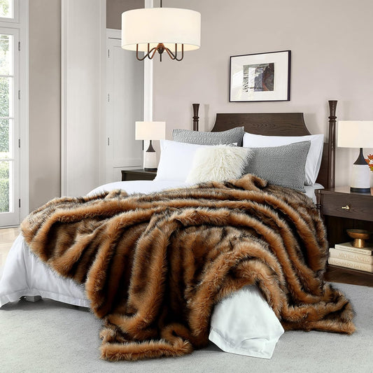 Luxury Plush Faux Fur Blanket King Size, Long Pile Brown with Black Tipped Throws, Oversized Super Warm, Fuzzy, Elegant, Fluffy Decoration Throw Blanket for Sofa, Armchair, Couch and Bed, 104"x90"
