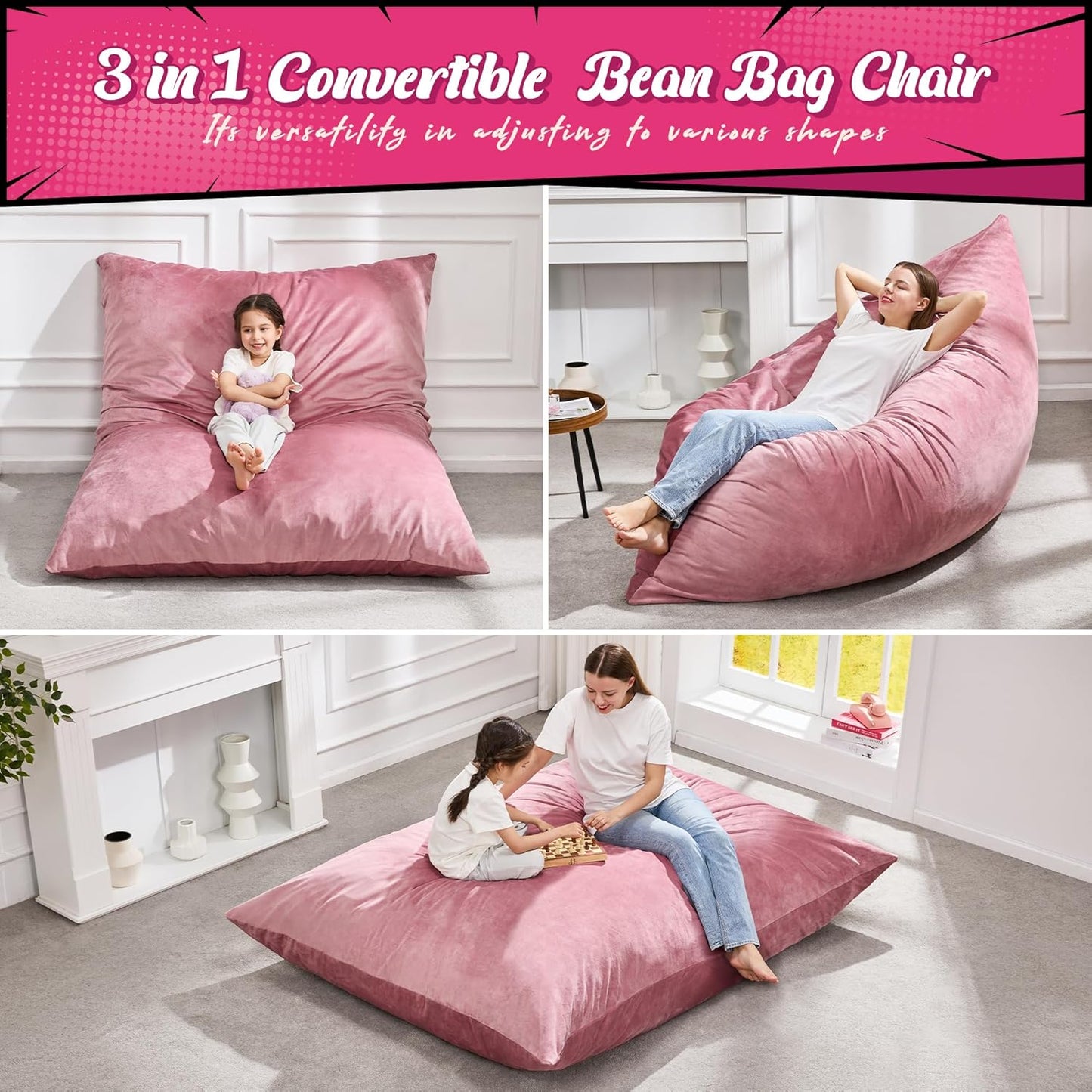 Hobestluk 3 in 1 Bean Bag Chair Giant Bean Bag Chairs for Adults with Velvet Cover Convertible Bean Bag Floor Cushion with Machine Washable Cover for Living Room (Velvet Pink)