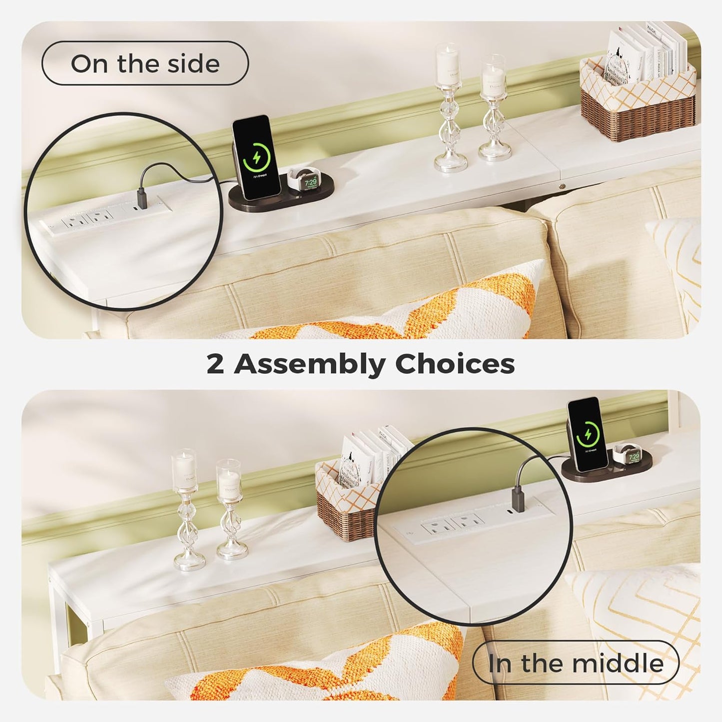 SUPERJARE Console Table with Outlet, 63 Inch Sofa Table with Charging Station, Narrow Entryway Table, Skinny Hallway Table, Behind Couch Table, for Living Room, Plants, White