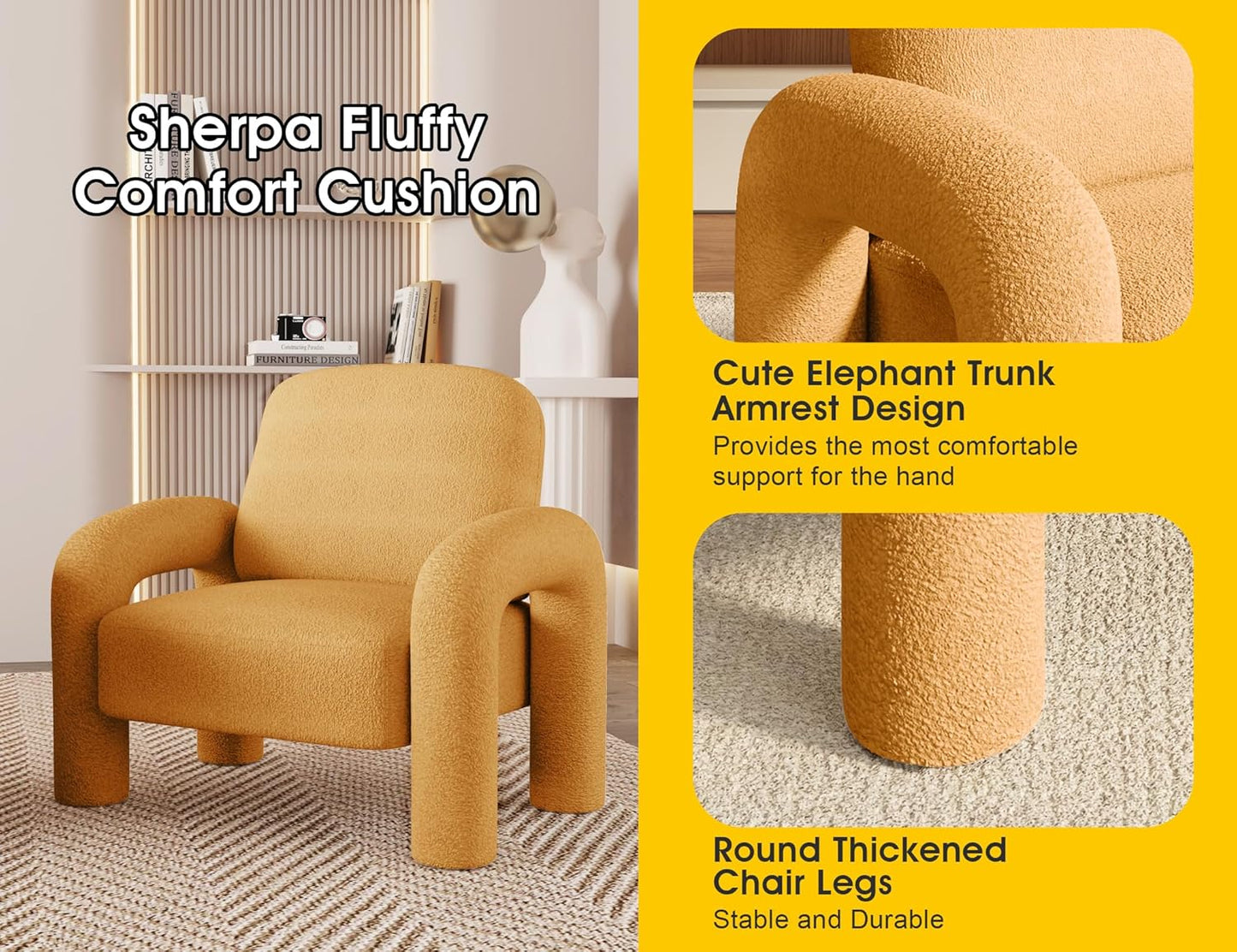 Modern Sherpa Accent Chair, Teddy Upholstered Arm Single Sofa, Cozy Fluffy Reading Chair for Living Room, Bedrooms, Corner (Yellow)