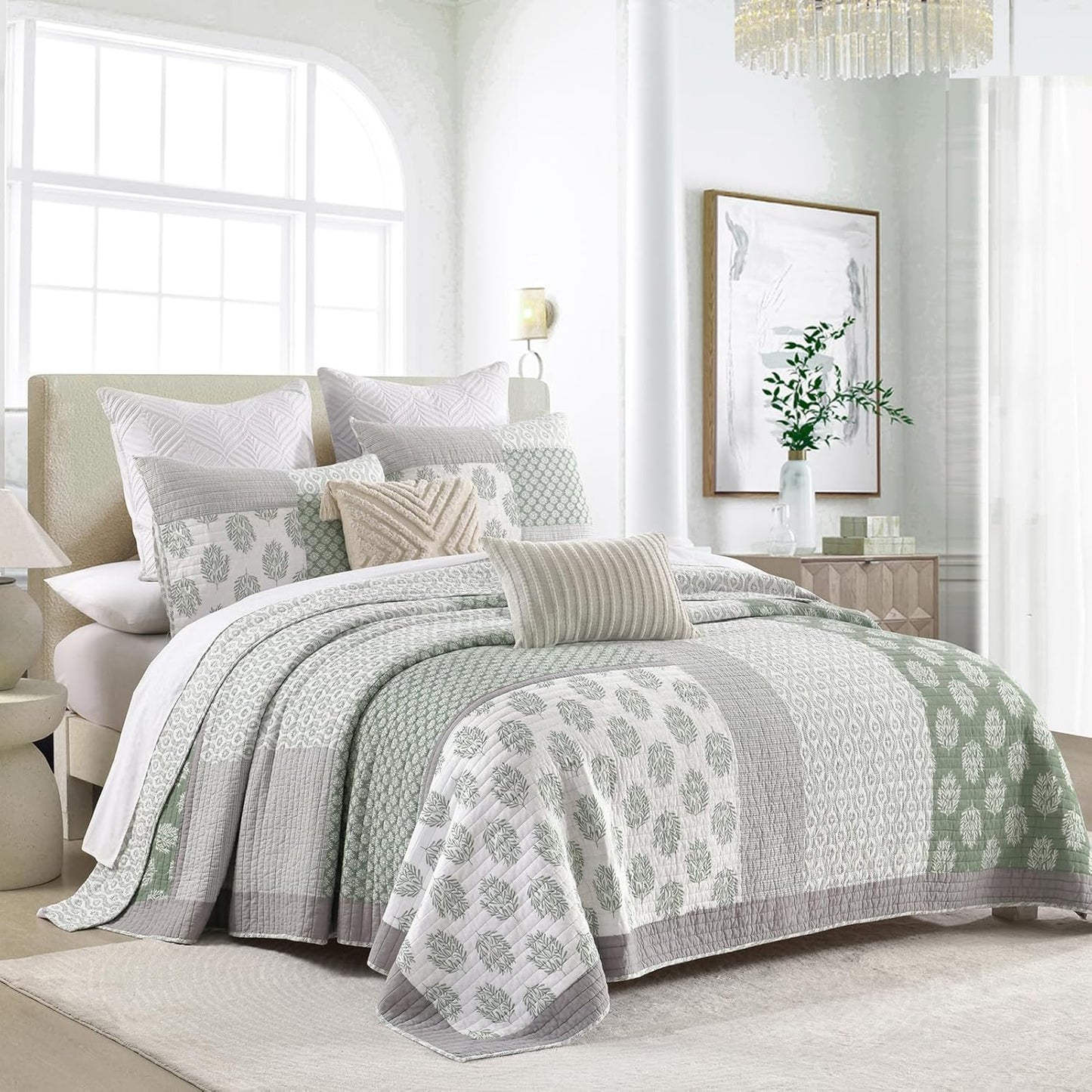 PANGUSHAN Quilt Set Queen Size, 100% Cotton Bedspread Quilt Bedding Set, Patchwork Reversible Floral Quilt for Queen Bed, Greyish-Green Bed Spread, Lightweight Comforter for All Season, 3 Pieces