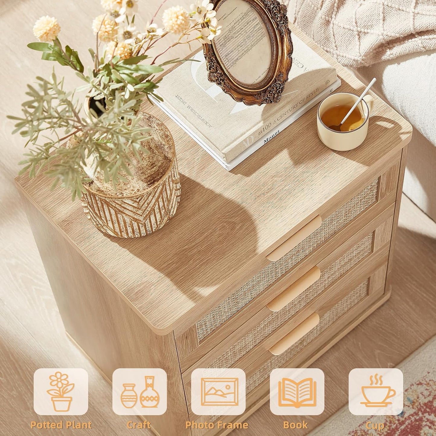 LEYAOYAO Boho Rattan Coffee Table and End Table Sets, 48" Wide Center Tables & 23" Night Stand with 3 Drawers, Natural Wood Coffee Table for Living Room 3 Piece Set