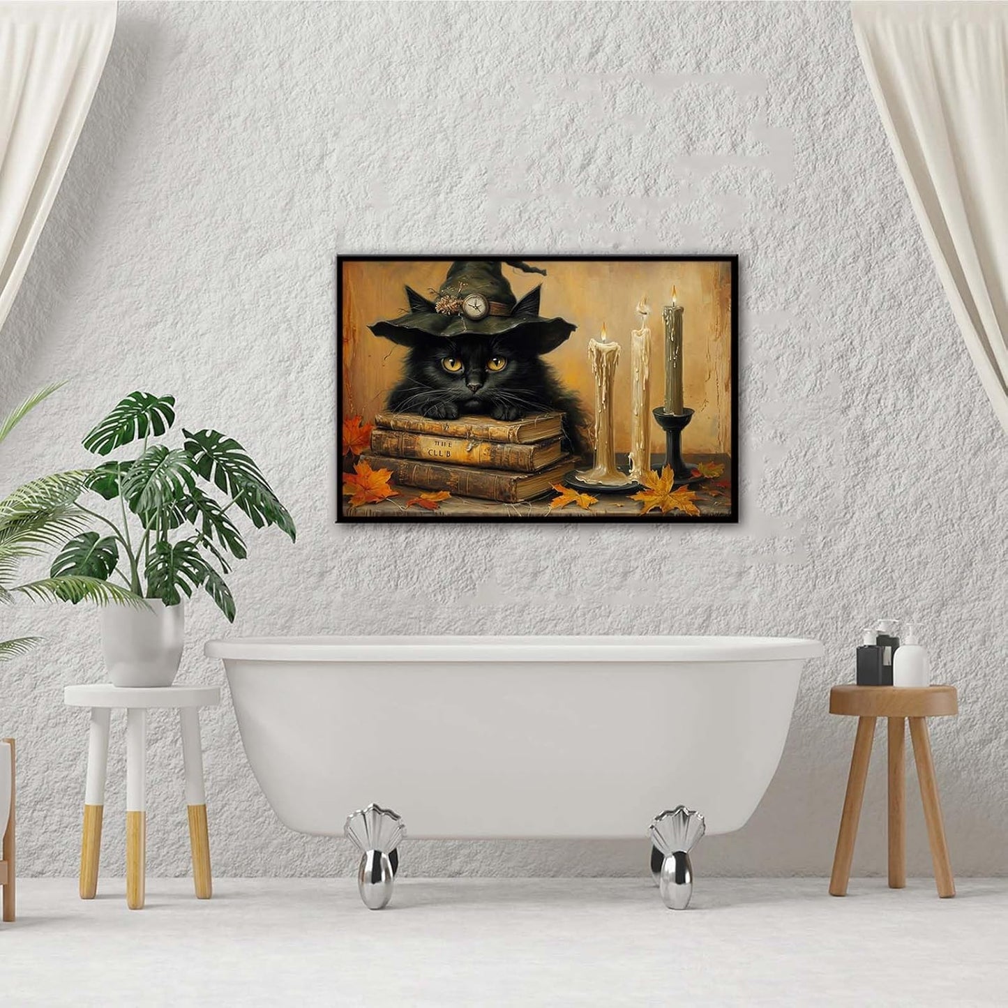 JFHCQJPK Vintage Halloween wall decoration black cat and magic book suitable for home bedroom living room decoration dark classic art witch wall decoration20x30in Metal blackFramed