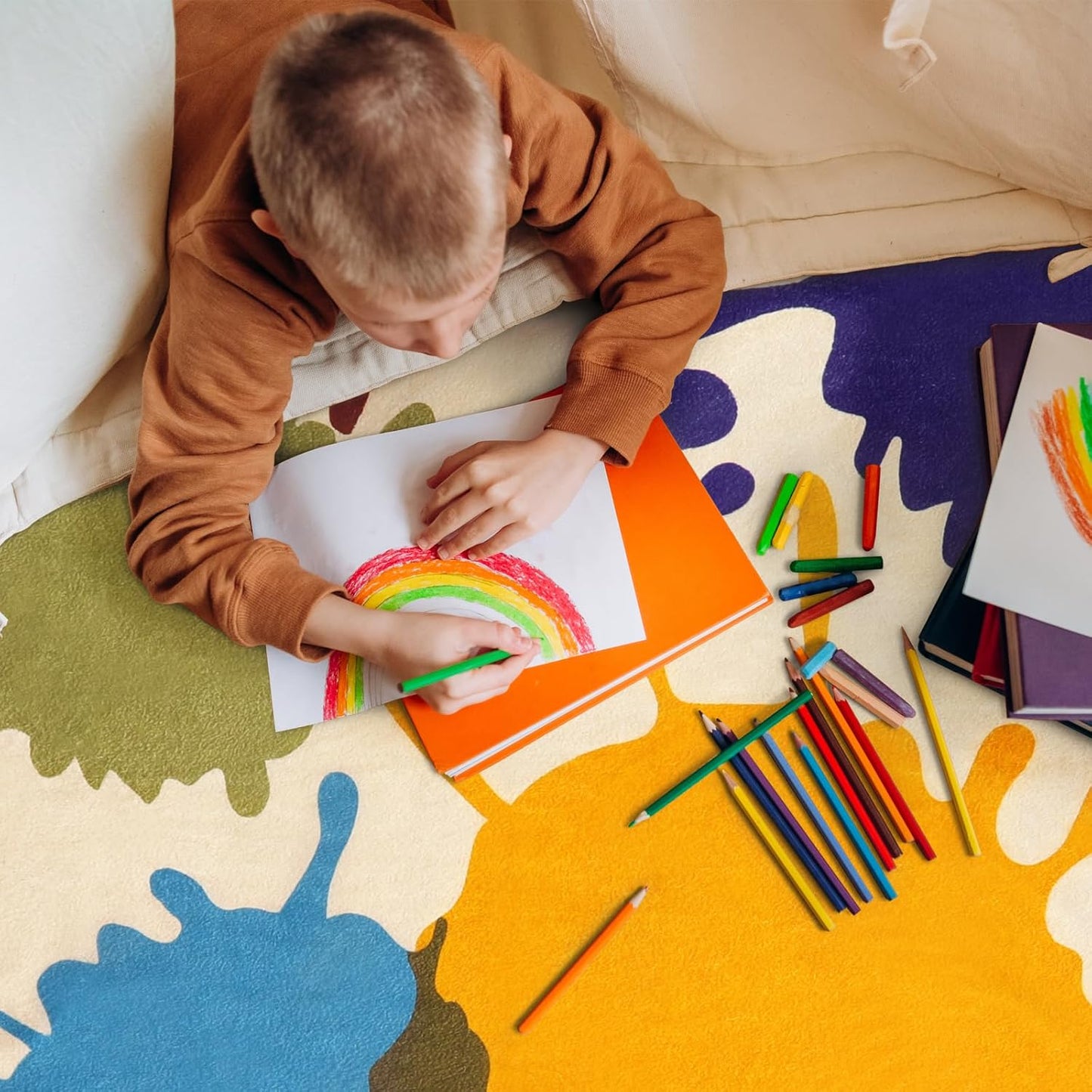 STARUIA Art Bedroom Rug, 4'x6' Machine Washable Kids Rug for Playroom, Paint Splash Rainbow Area Rugs for Classroom, Soft Colorful Living Room Rugs Throw Play Mat for Nursery Office Preschool