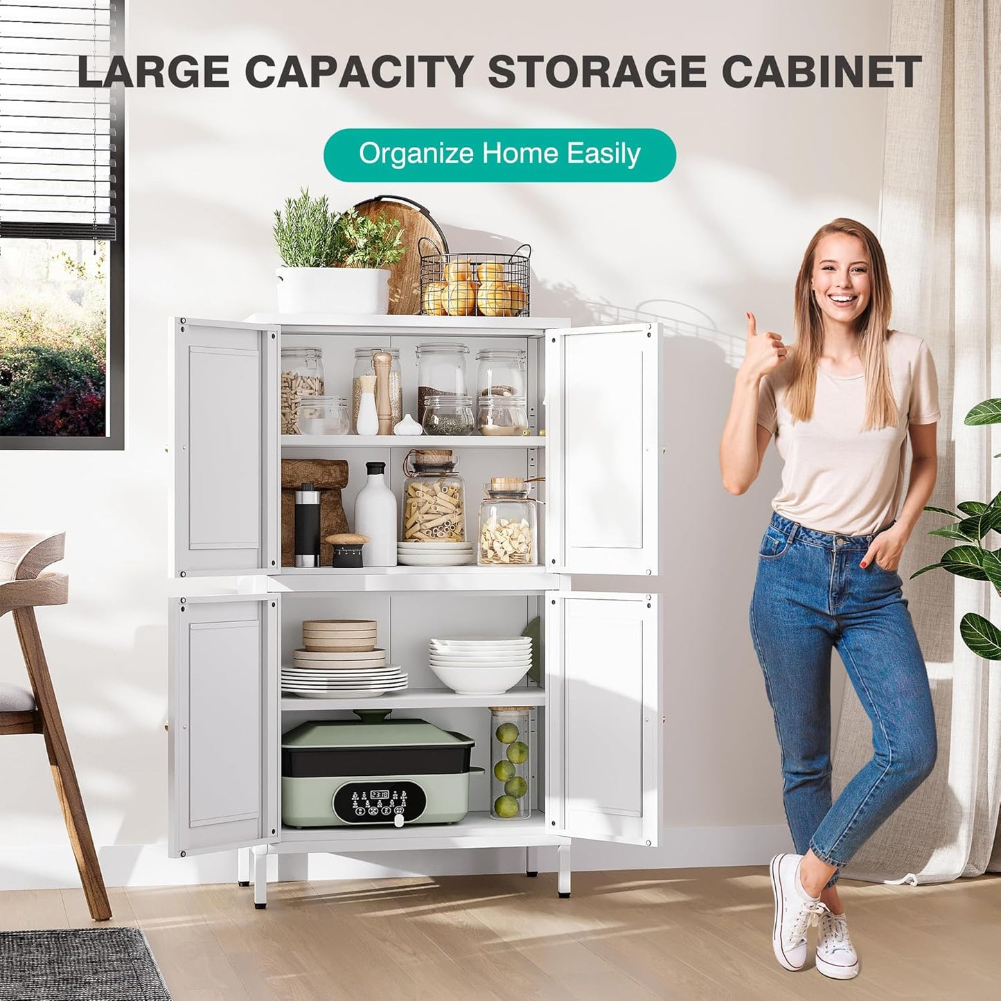 White Storage Cabinet with 4 Doors and 2 Adjustable Shelves,Narrow Food Pantry Cabinet with Leg,24 inch Wide Bathroom Cabinets,Small Metal Storage Cabinets for Home Kitchen,Dining/Living/Laundry/Room