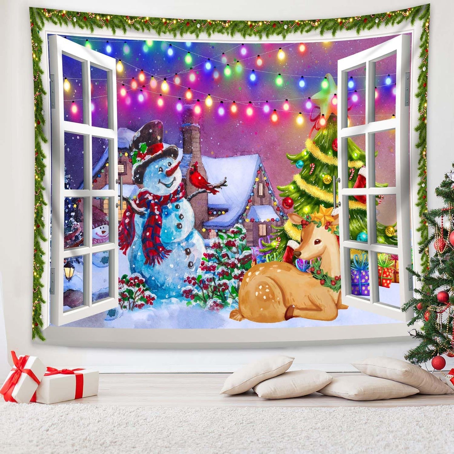 QGHOT Christmas Window Tapestry Wall Hanging, Christmas Backdrop Winter Window Wall Decor Xmas Snowman Deer Tapestries for Bedroom Living Room Dorm Holiday Party Decoration, Large