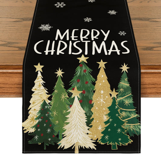 Artoid Mode Xmas Trees Snowflakes Black Merry Christmas Table Runner, Winter Seasonal Kitchen Dining Table Decoration for Home Party Decor 13x36 Inch