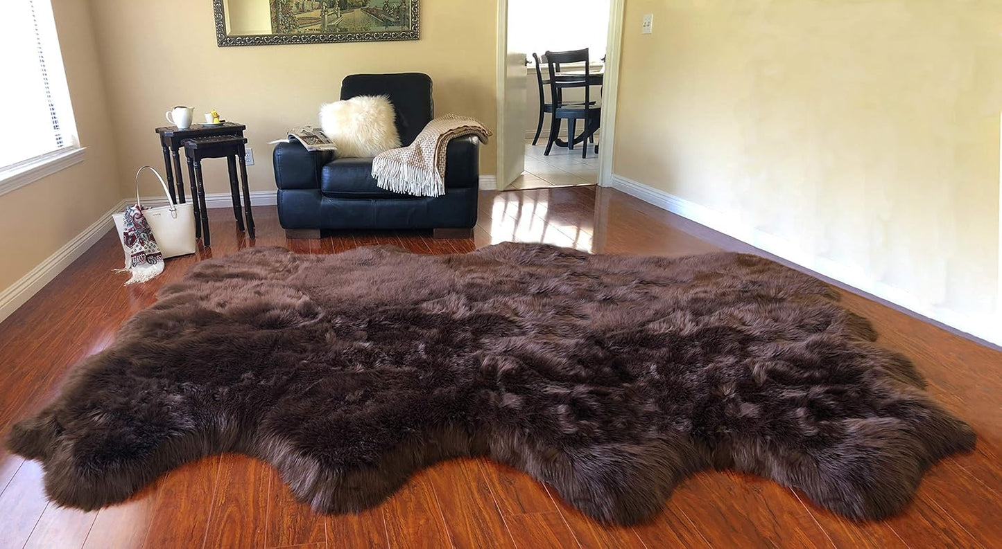 LAMBZY Faux Sheepskin Hypoallergenic Free Shape Silky Shag Rug, Luxury Shaggy Silky Plush Carpet for Bedrooms Rugs Living Room Kids Rooms Sofa Floor Rugs (Octo 8 Pelts 6'x8', 180x240cm, Brown)