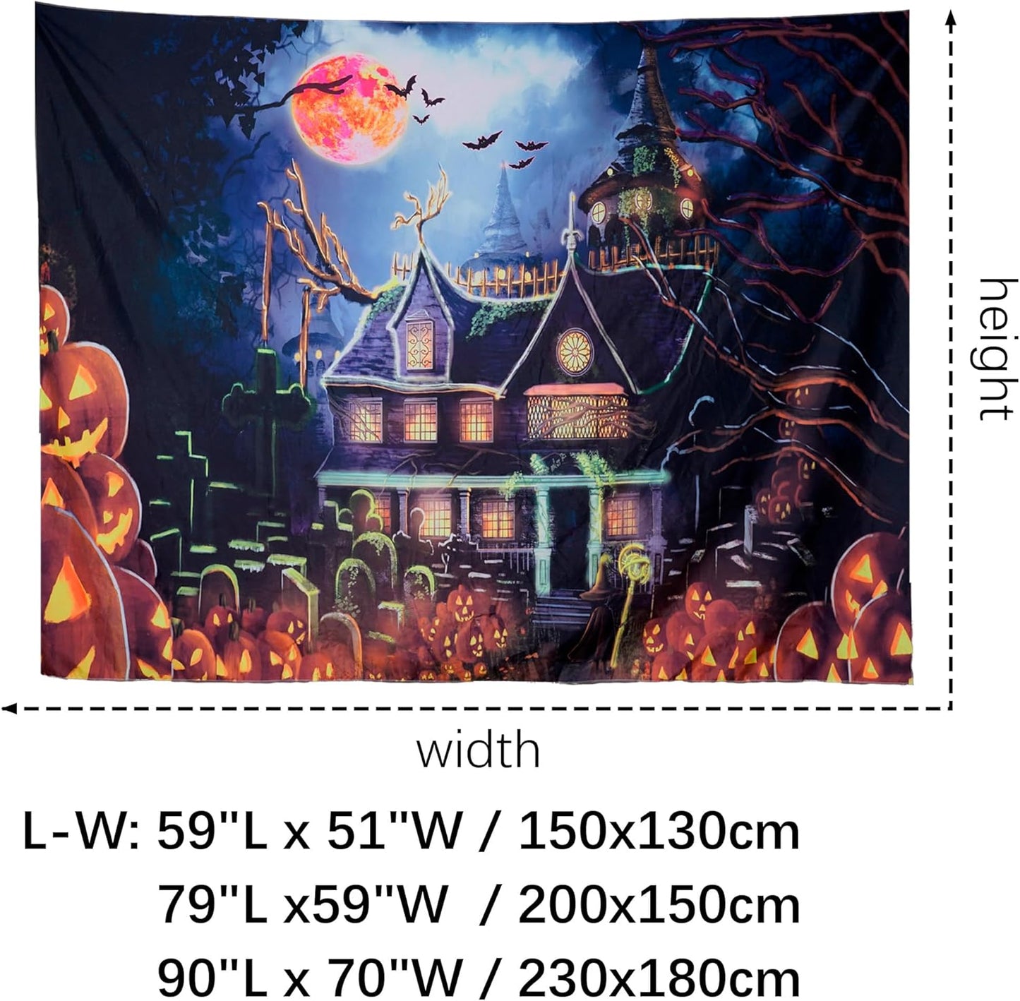 OSVINO Blacklight Halloween Castle Tapestry 79"x59" Pumpkins Bats Crosses Backdrop Bedroom Aesthetic Hippie Room Decor Glow in The Dark Wall Poster for Halloween Easter