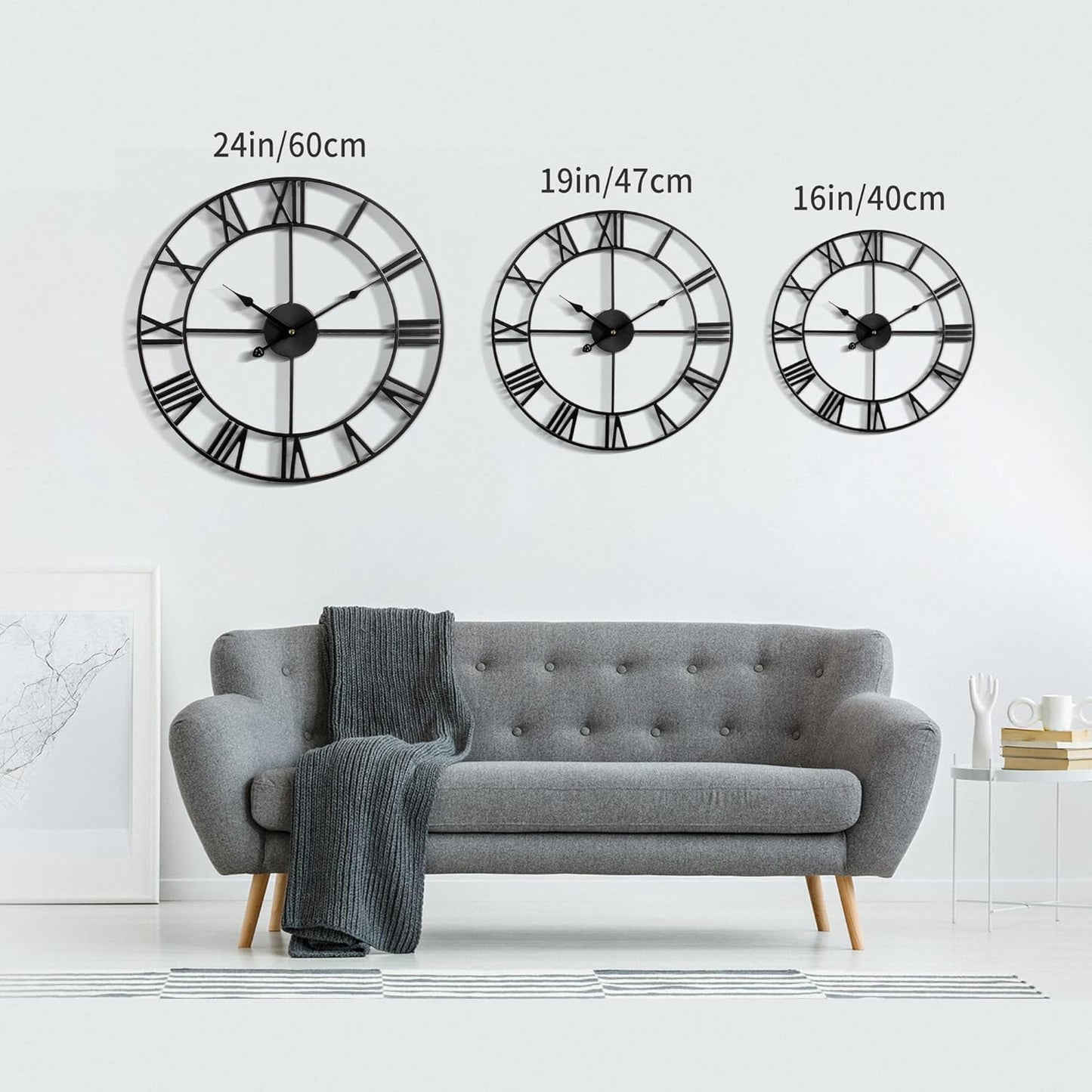 Large Modern Metal Wall Clocks Rustic Round Nearly Silent Little Ticking Battery Operated Roman Numerals Clock for Living Room/Bedroom/Kitchen Wall Decor-(Black, 47cm)