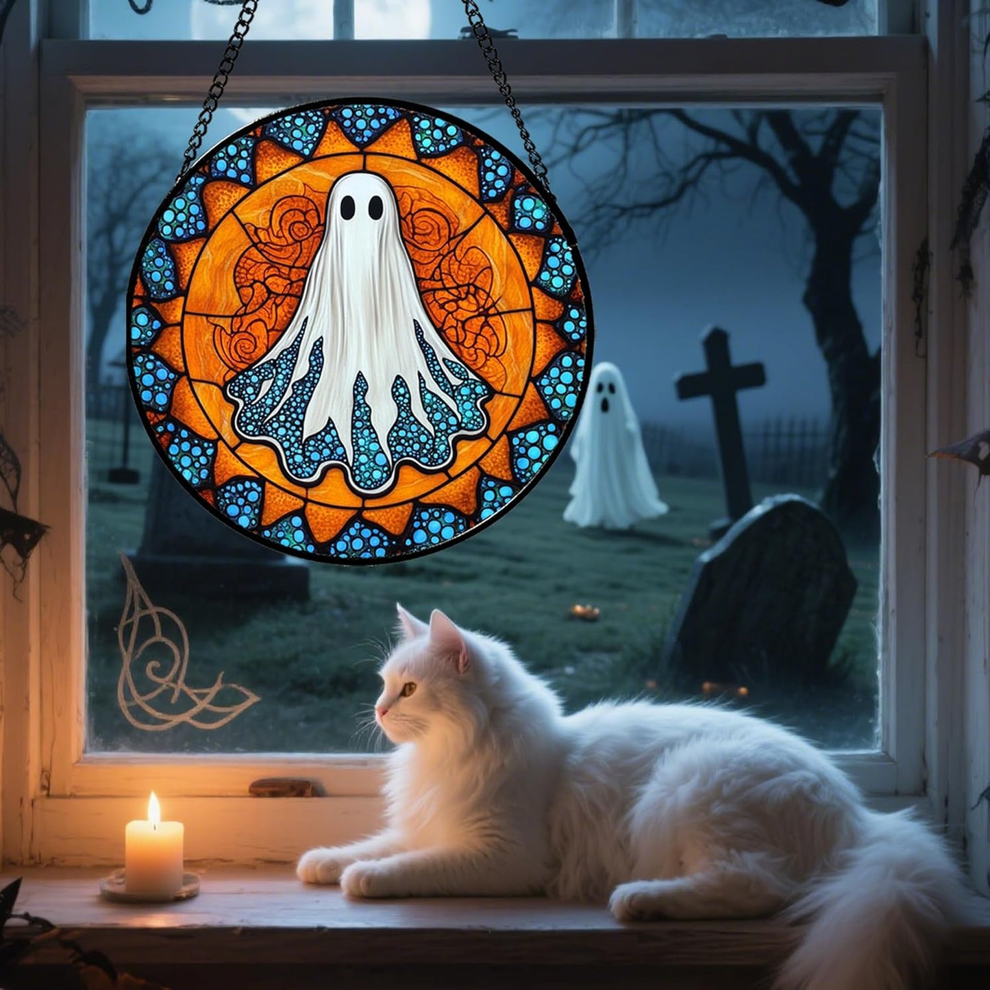 Stained Glass Window Hanging - Halloween Decorations White Ghost Suncatcher for Doors Garden Indoor Spooky Funny Blue Sun Catchers Gothic Decor Horror Gifts for Women Men Friend 6.3 in