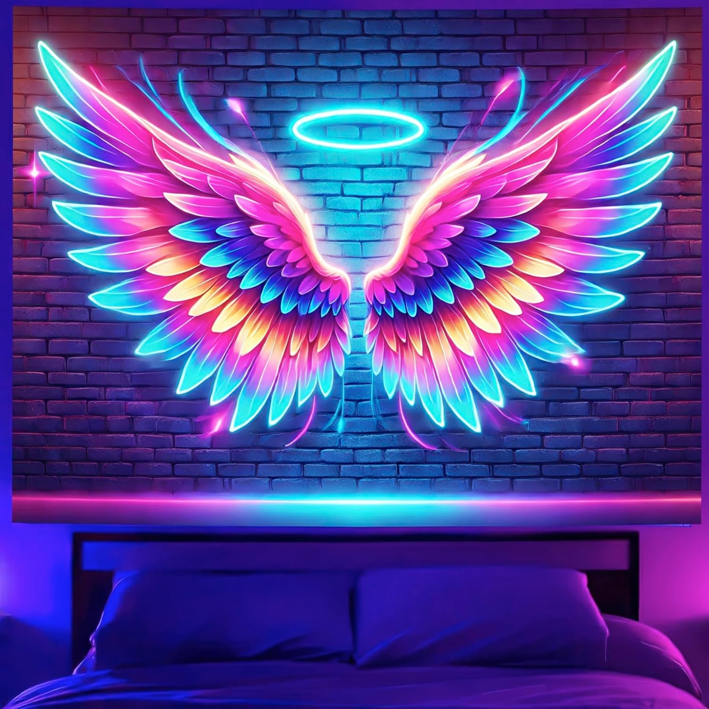 BlissYard Blacklight Angel Wings Tapestry UV Reactive Neon Wings Wall Hanging Tapestries Pink Angel Wings Tapestries for Girls Teens Glow in the Dark Tapestry for Party Carnival Backdrop 59 X 78 in