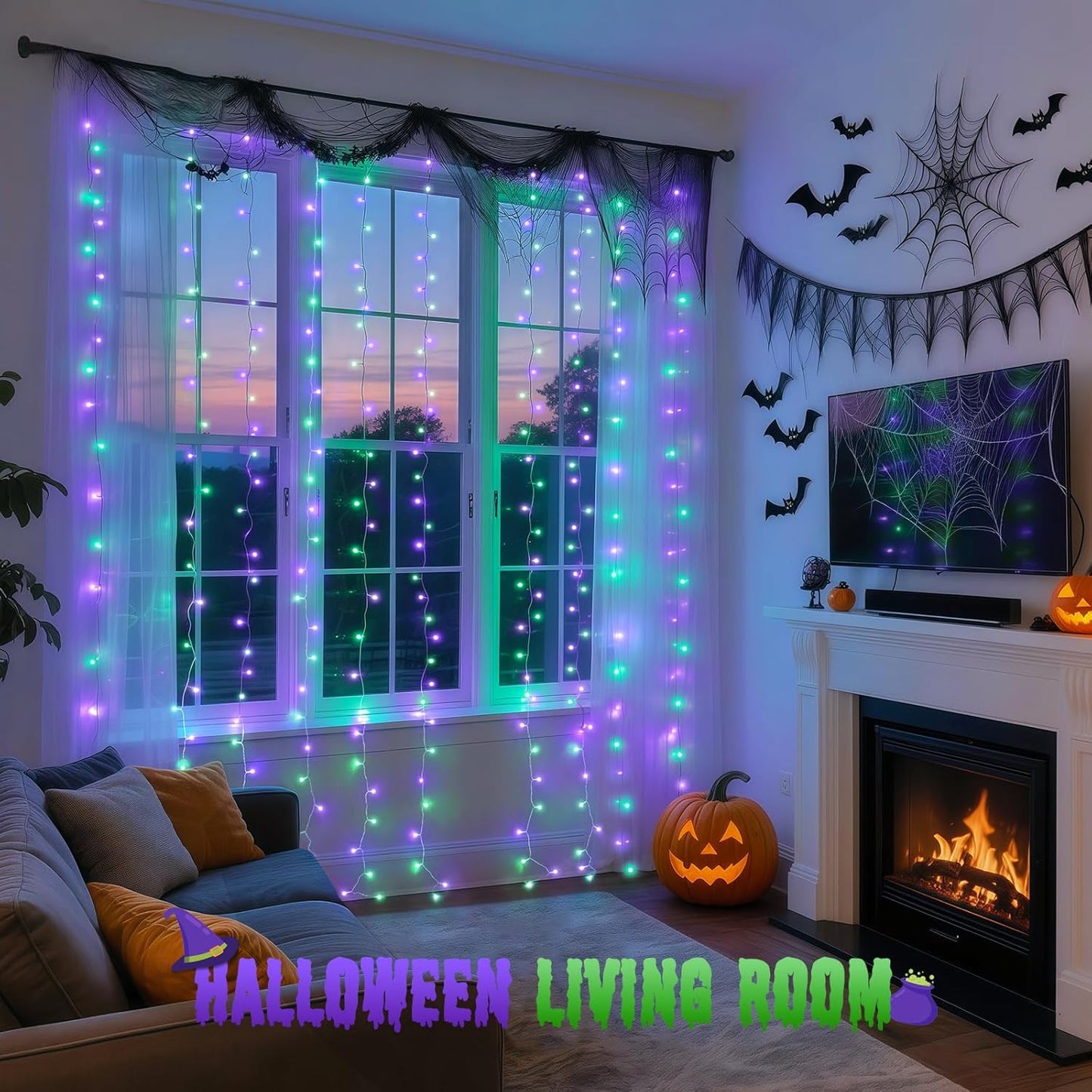 JMEXSUSS 300LED Halloween Curtain Lights with Remote, 9.8x9.8ft Halloween Lights Plug in, Christmas Twinkle Hanging String Light for Bedroom Wall Window Backdrop Indoor Outdoor Decor, Purple and Green