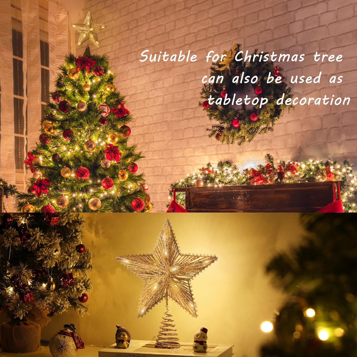 Gold Christmas Tree Topper Star with 50 Warm LED Lights 8 Lighting Modes Timer, Tradition Glitter Star Tree Topper for Christmas Tree Decorations and Xmas Holiday Seasonal Decor