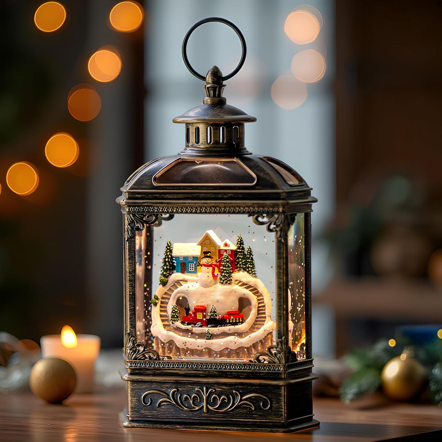 Christmas Snow Globe Lantern Water Glittering Snowman & Train with Music, USB Lined/Battery Operated Lighted Lantern for Christmas Festival Decoration Gifts