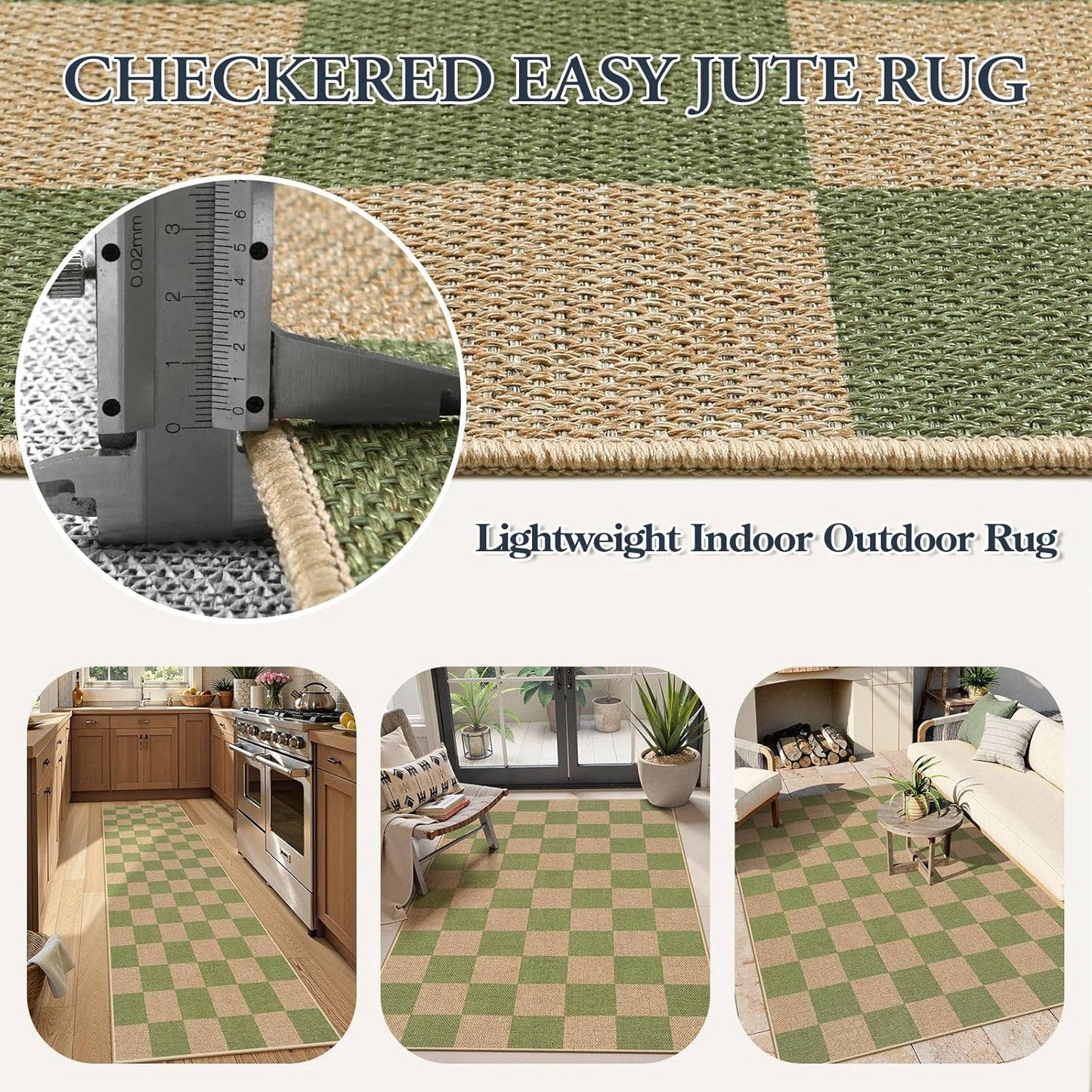 Lahome Checkered 3x5 Washable Rug, Green Easy Jute Rug for Entryway Living Room, Modern Non Slip Non Shedding Indoor Outdoor Carpet for Porch Deck Kitchen