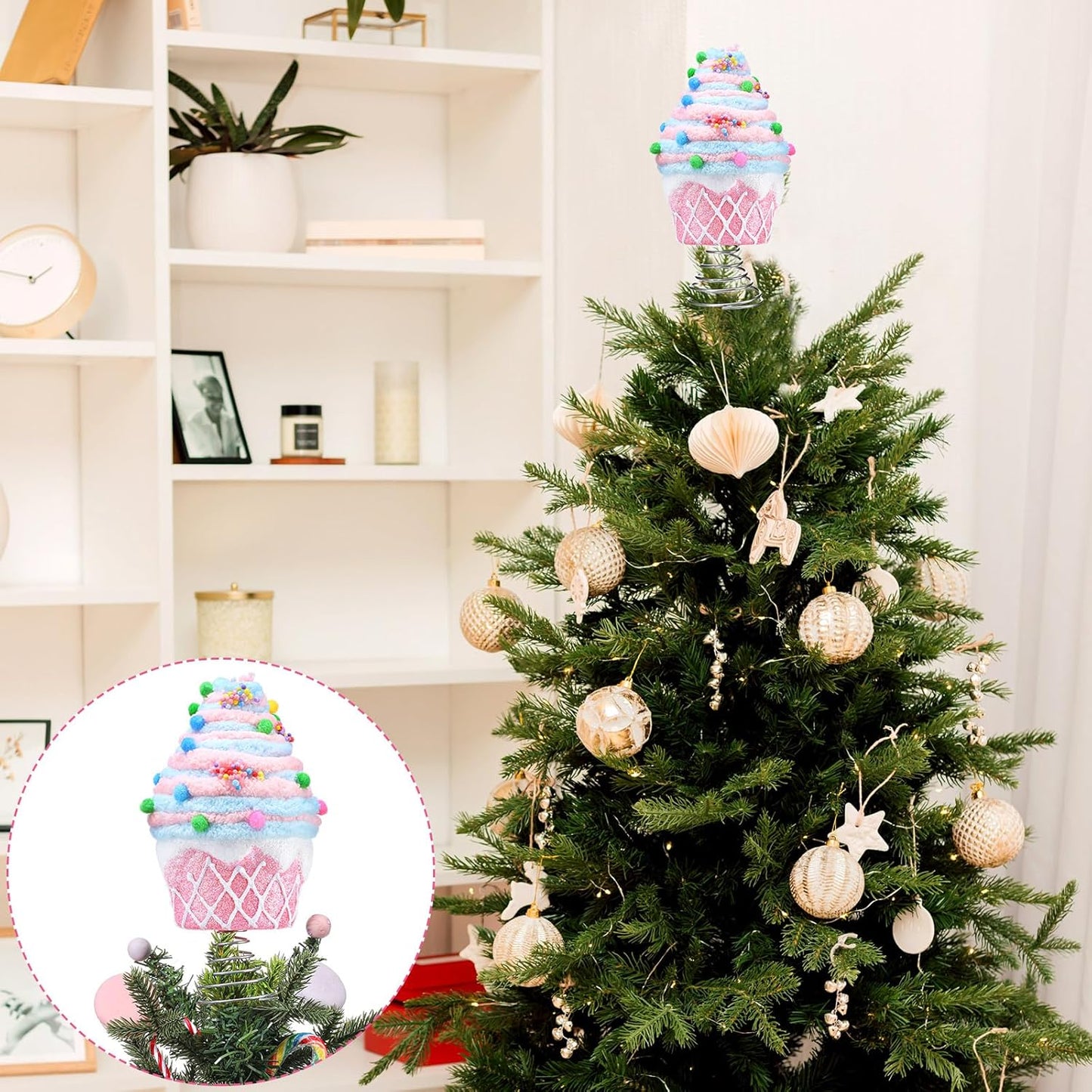 Retisee 7.9 Inch Pastel Dessert Christmas Tree Topper Pink Cupcake Tree Topper Candy Donut Christmas Tree Decoration Pastel Christmas Ornaments for Christmas New Year Birthday Party Decor