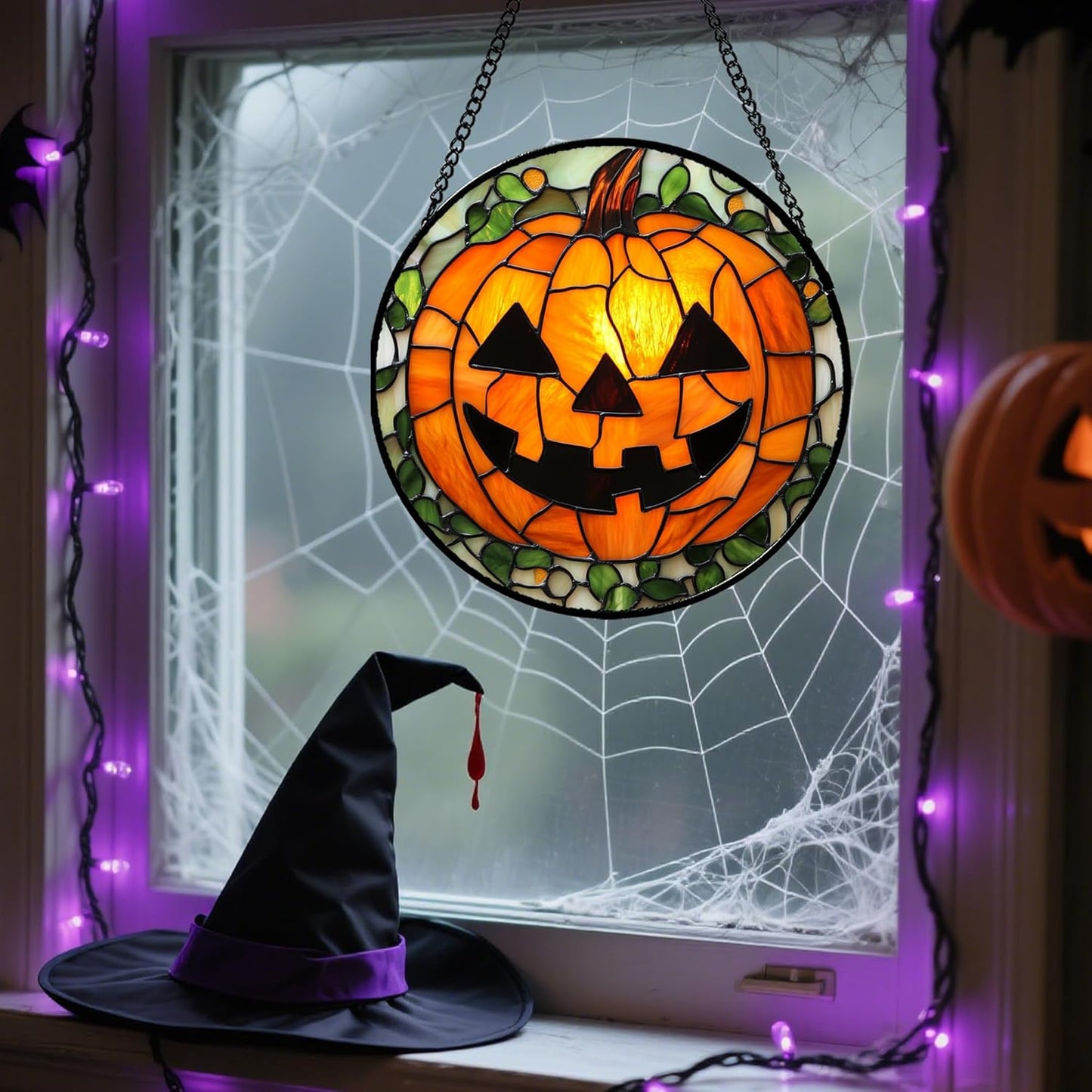 Stained Glass Window Hanging, Halloween Decorations Evil Pumpkin Suncatcher for Doors Garden Indoor Spooky Funny Orange Sun Catchers Gothic Decor Horror Gifts for Women Men Friend 6.3 in