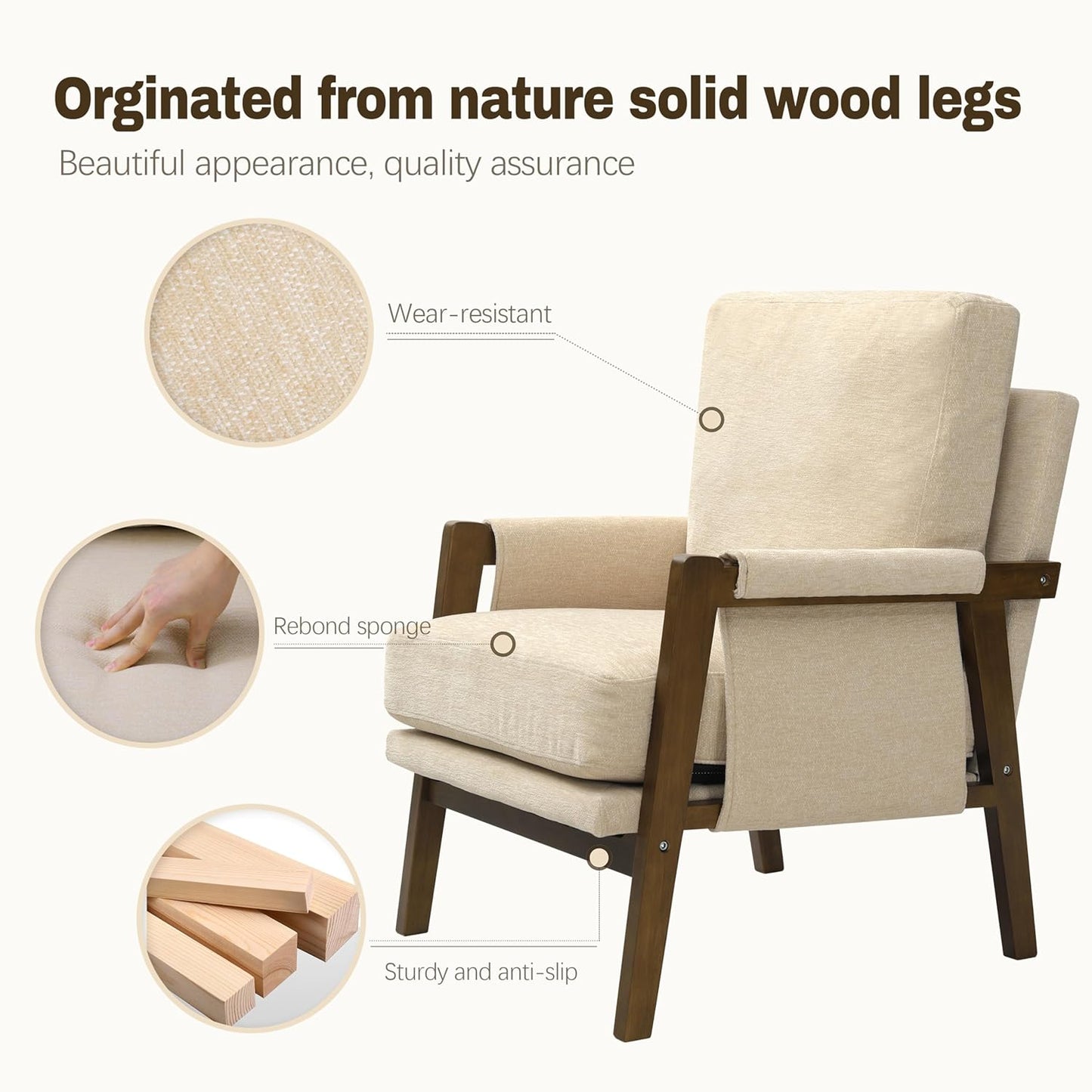 Modern Accent Chair for Living Room Mid Century Arm Chair Upholstered Bedroom Chair Comfy Lounge Chair with Solid Wood Frame, Beige