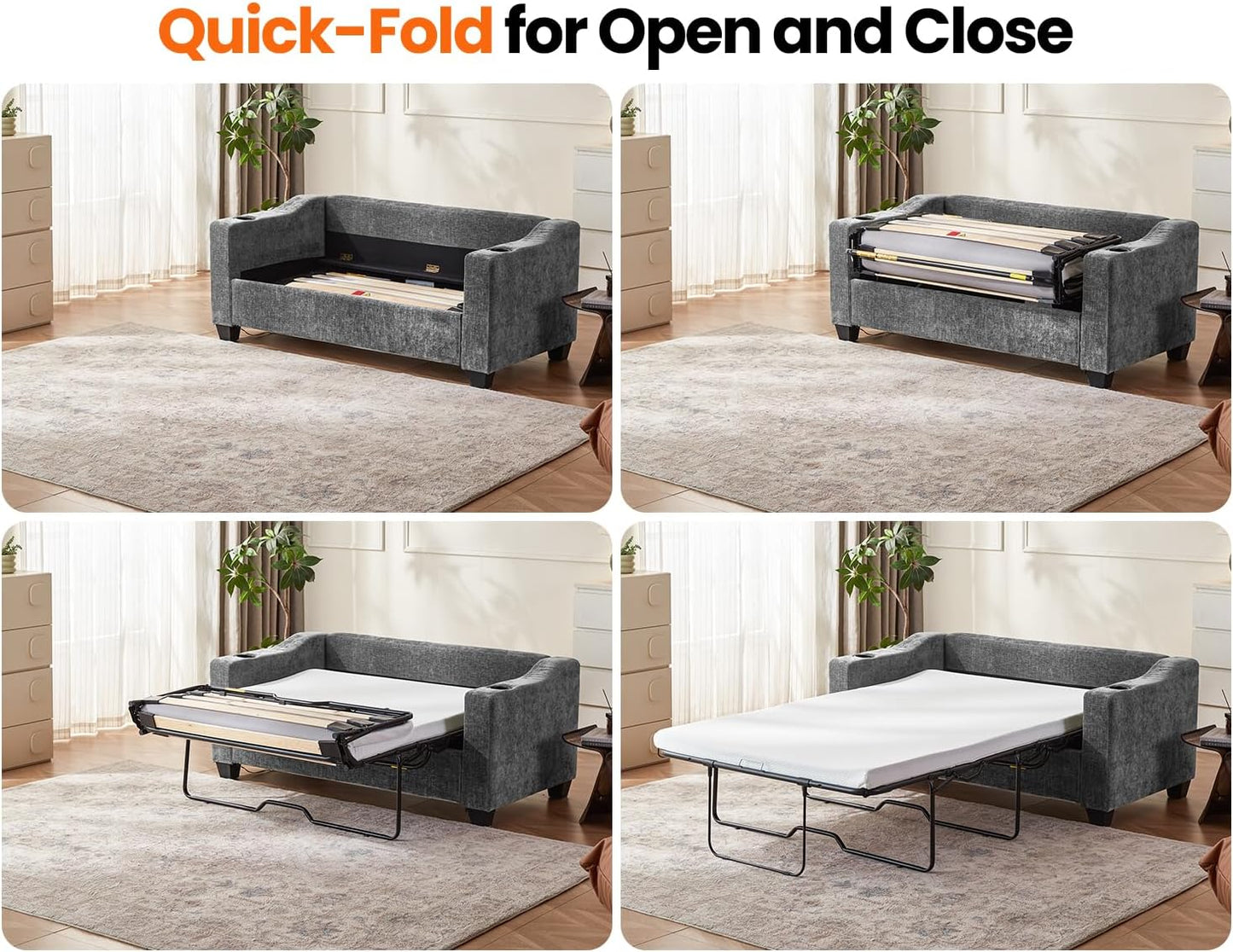 CHIC HOUSE Pull Out Sofa Bed, Full Size Sleeper Sofa, 2-in-1 Convertible Chenille Couch with USB Charging, Memory Form Couch for Living Room, Apartment & Small Space (Dark Grey, Chenille - Full)