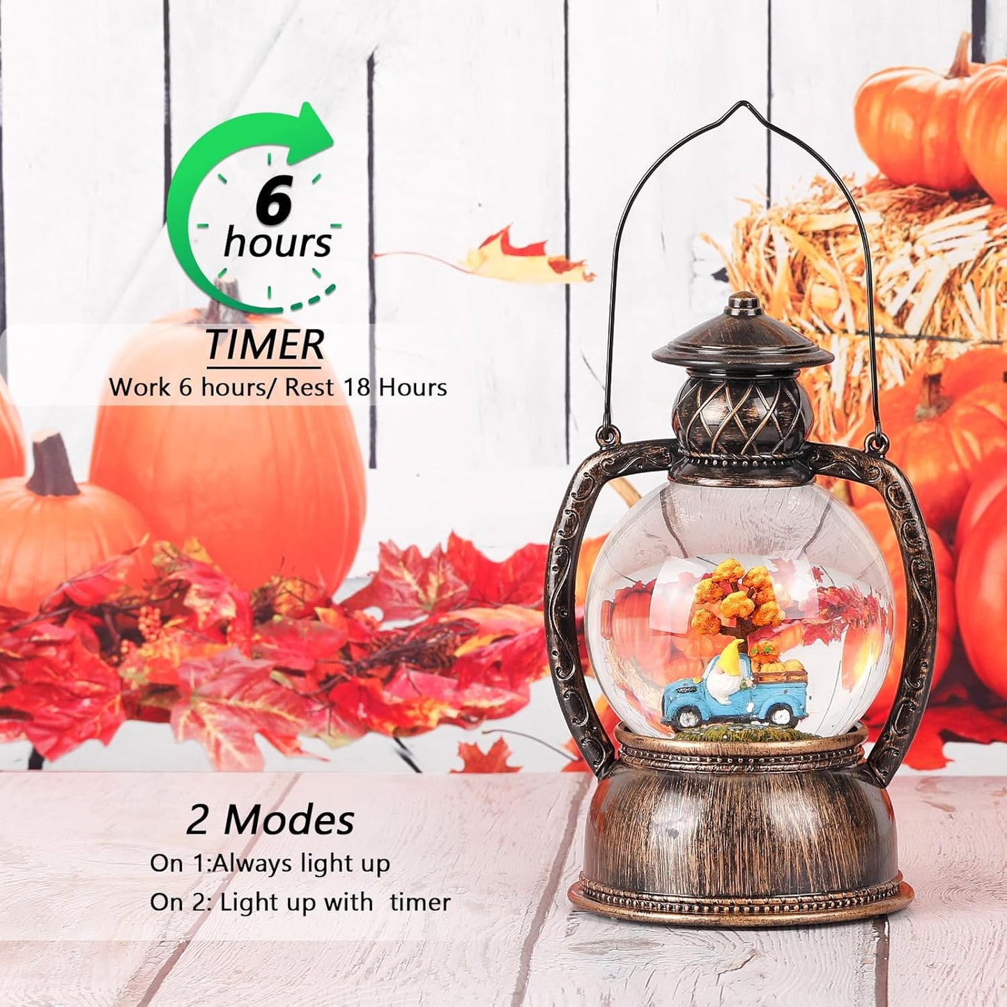 Fall Snow Globes, Blue Truck Pumpkin and Gnome Scene Snow Globes, Glittering Lantern with Timer, Snow Globe Lantern USB or Battery Powered for Fall Festival Thanksgiving Day Decor