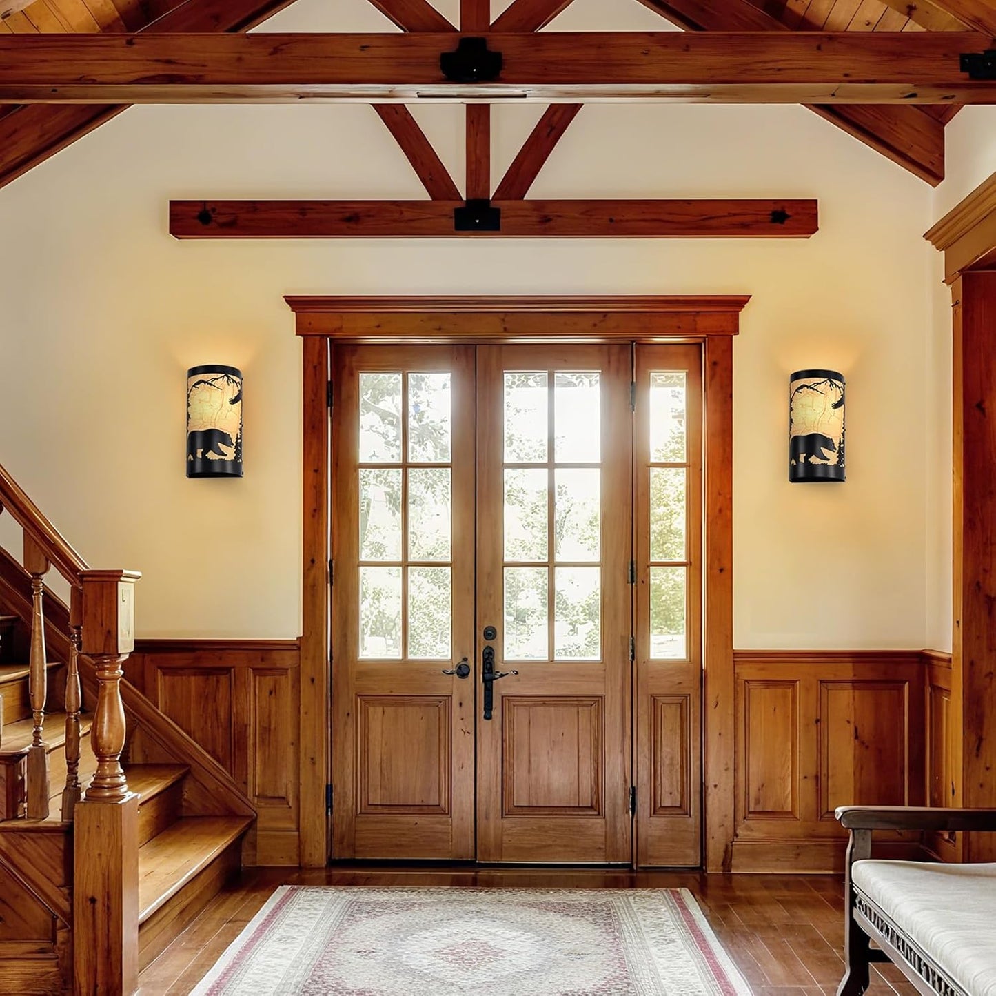 Black Wall Sconces Set of Two,Bear Metal Yellow Parchment Rustic Wall Sconces,Farmhouse Hallway Wall Light Fixtures,Industrial Wall Mount Lamp,Indoor Wall Lamps for Living Room,Bedroom,Porch