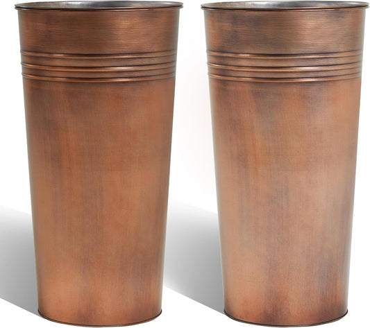 KOL 25'' Tall Galvanized Steel Planter Pot with Water Level Indicator - 2-Pack Self Watering Planters Flower Pot for Plants - Round Powder Metal Planter Box - Indoor Outdoor Grande Plant - Bronze