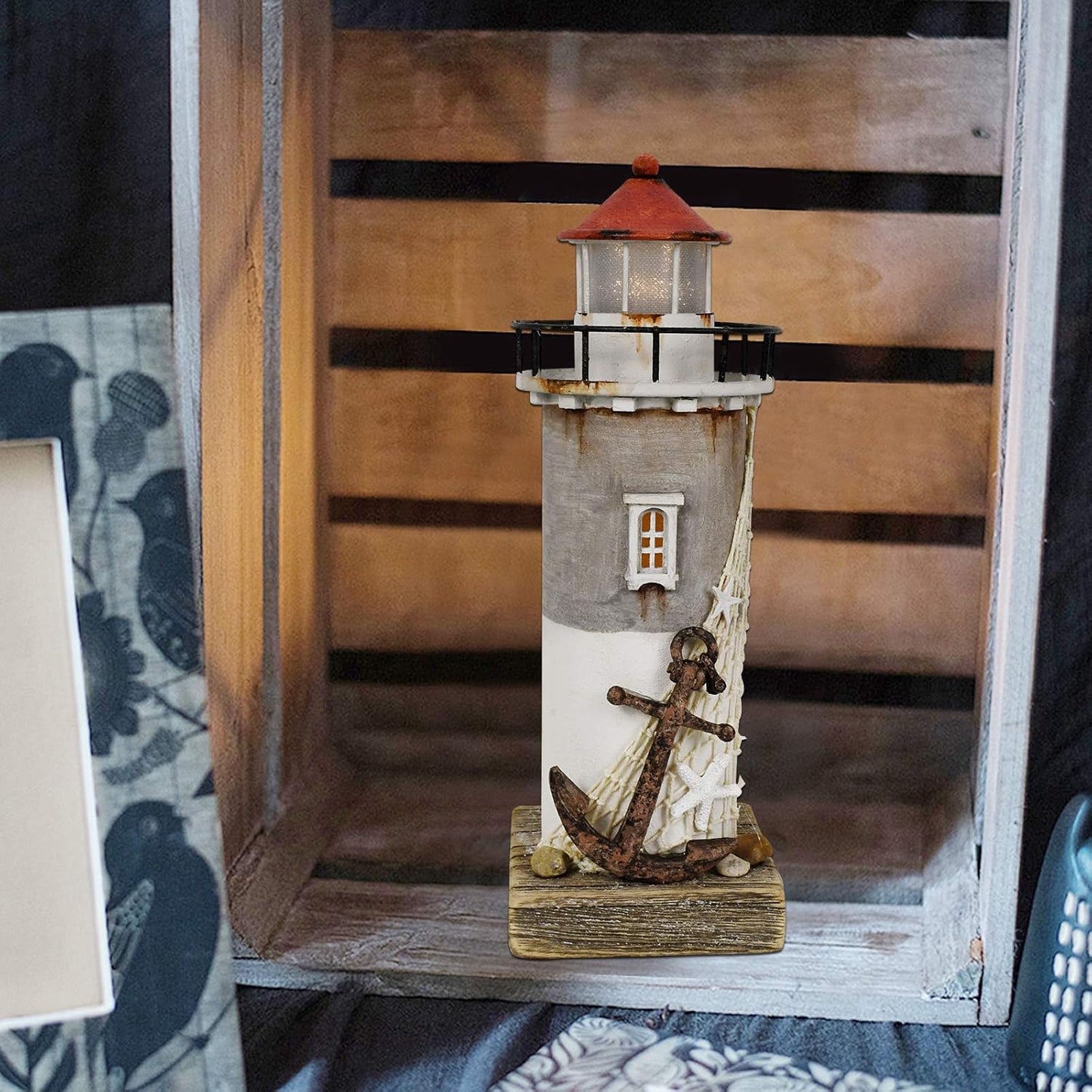 Linfevisi Wood Lighthouse Decor Rustic LED Light House Decor Wooden Decorative Nautical Lighthouse Statue Coastal Beach Themed Lighthouse Handcrafted Tabletop Decoration Home Bathroom (11.4")