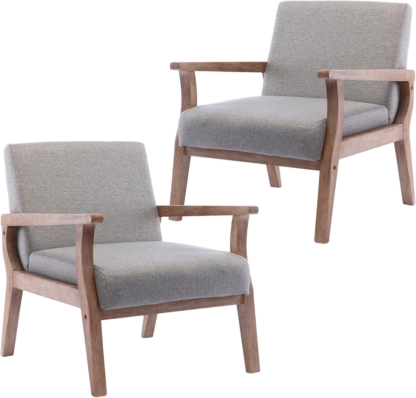 HNY Mid Century Modern Accent Chairs Set of 2 with Wood Frames, Linen Upholstered Living Room Arm Chairs for Living Room, Bedroom, Grey