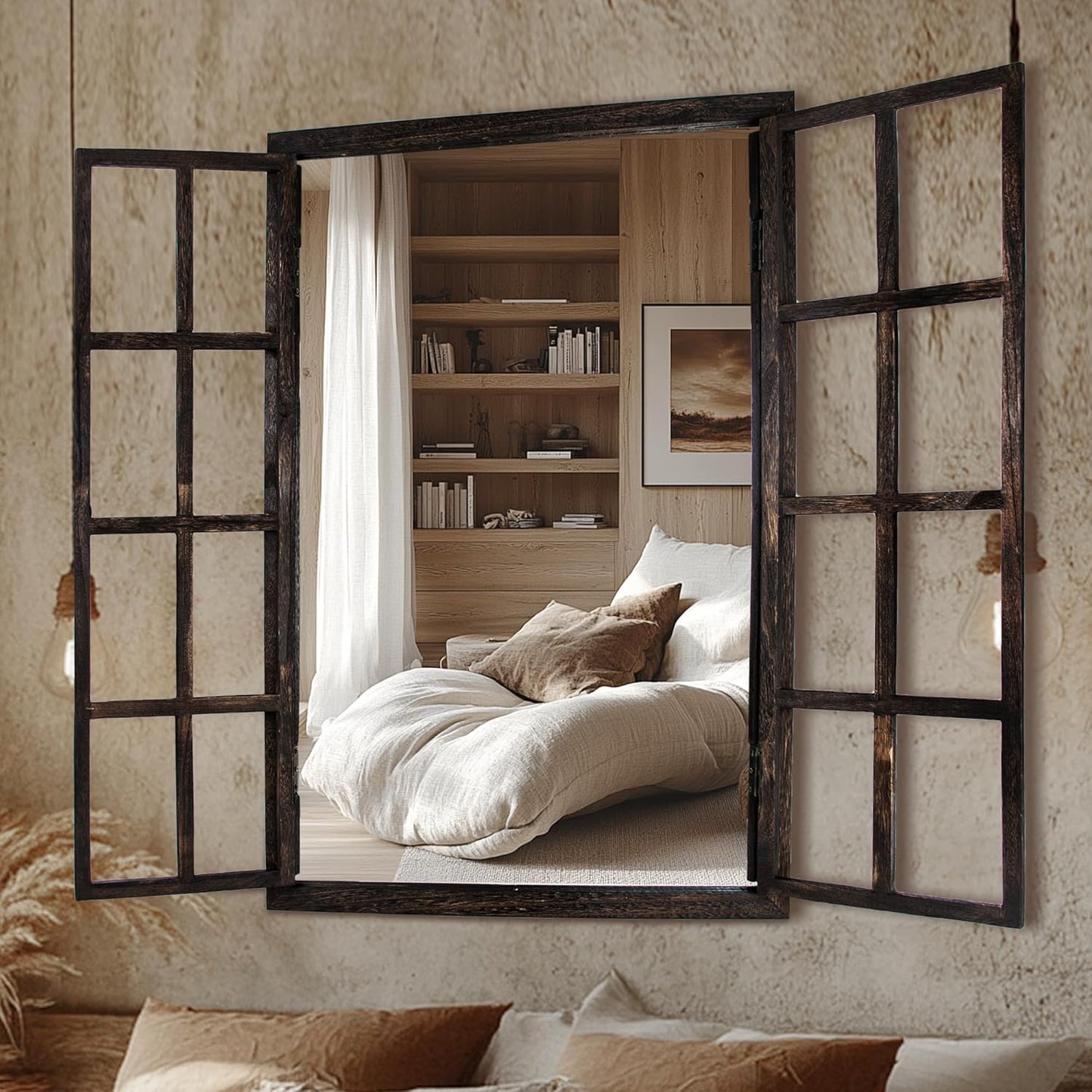 Wall Mirror with Window Design, 38"x26" Rustic Farmhouse Wood Mirror for Wall Decor, Decorative Vintage Mirror for Living Room, Bedroom, Entryway