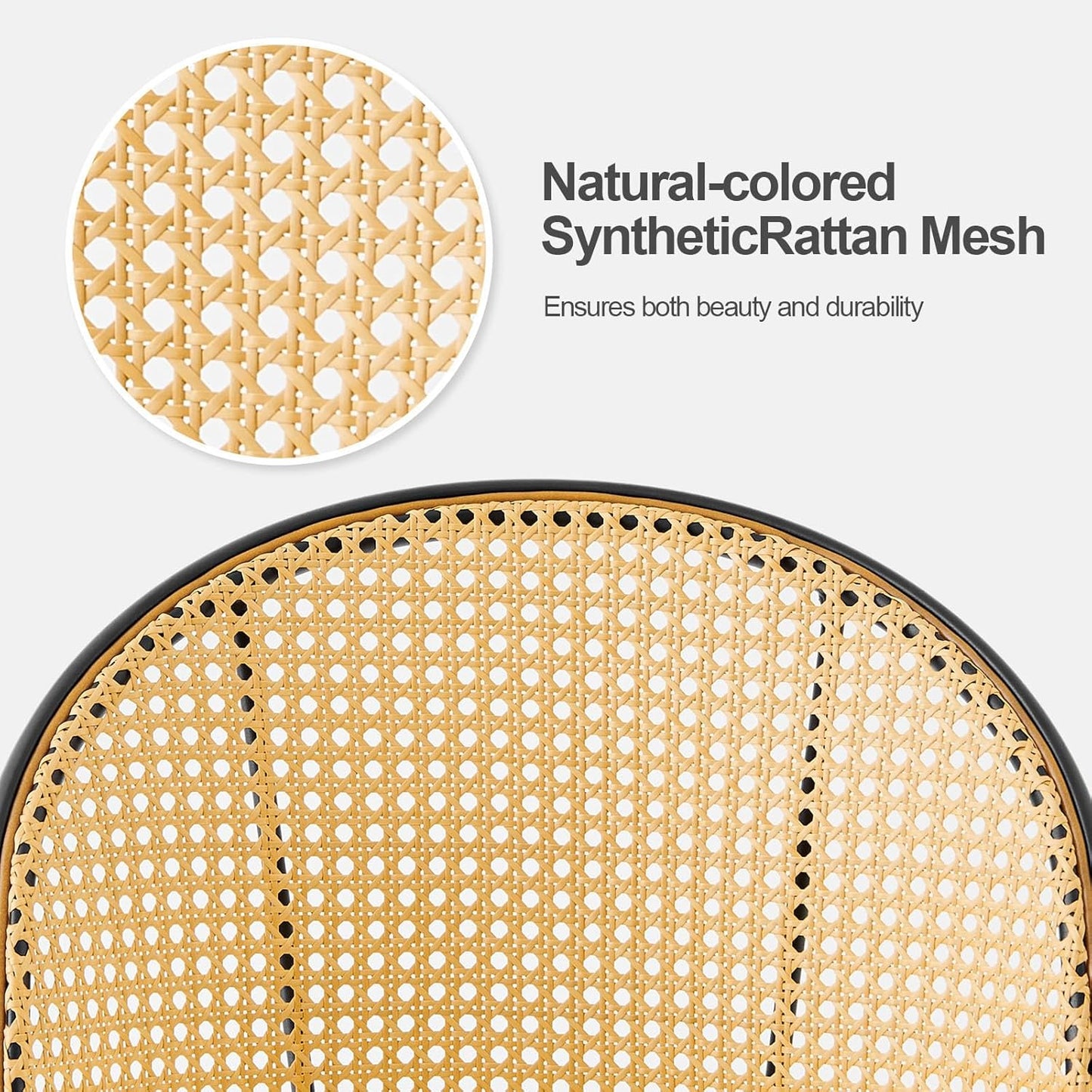 Rattan Dining Chairs Set of 2, Mid-Century Modern Kitchen Dining Room Chairs with Full Cane Backrest Armless Upholstered Farmhouse Boucle Dining Chairs with Metal Leqs for Dining Room, Black